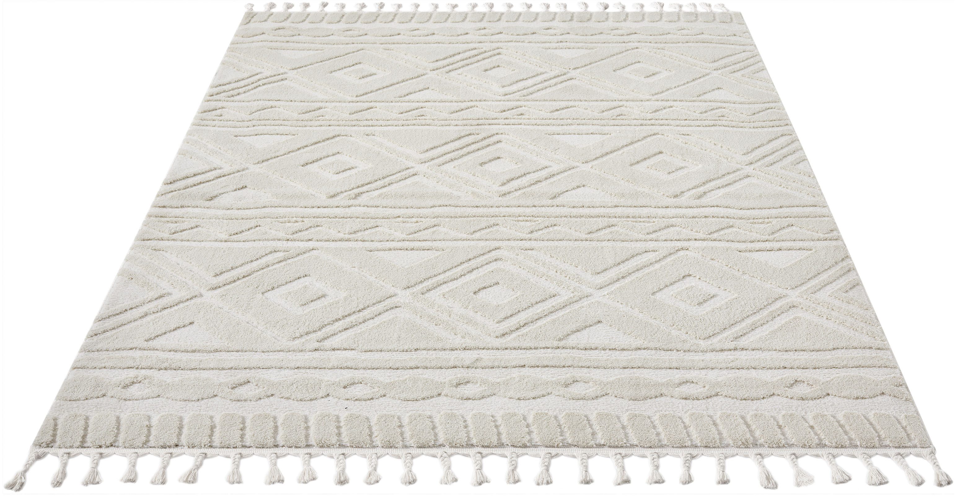 OTTO home Teppich Bonvo, rechteckig, Höhe: 19 mm, mit Fransen, Hoch-Tief-Struktur, Wohnzimmer, Schlafzimmer, Boho-Style