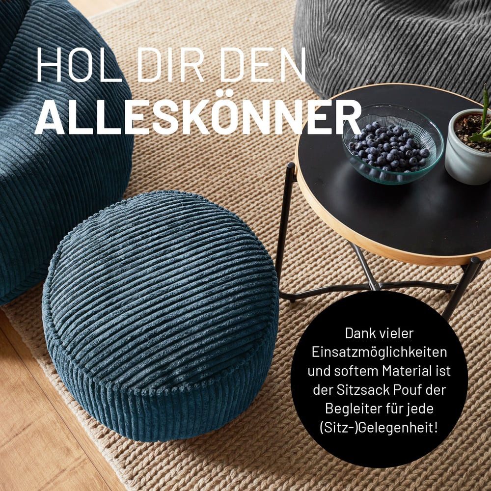 Lumaland Sitzsack Sitzhocker Cord Ablage kompakt 25x45 cm, pflegeleicht, Indoor Relaxen – Bild 3 von 5