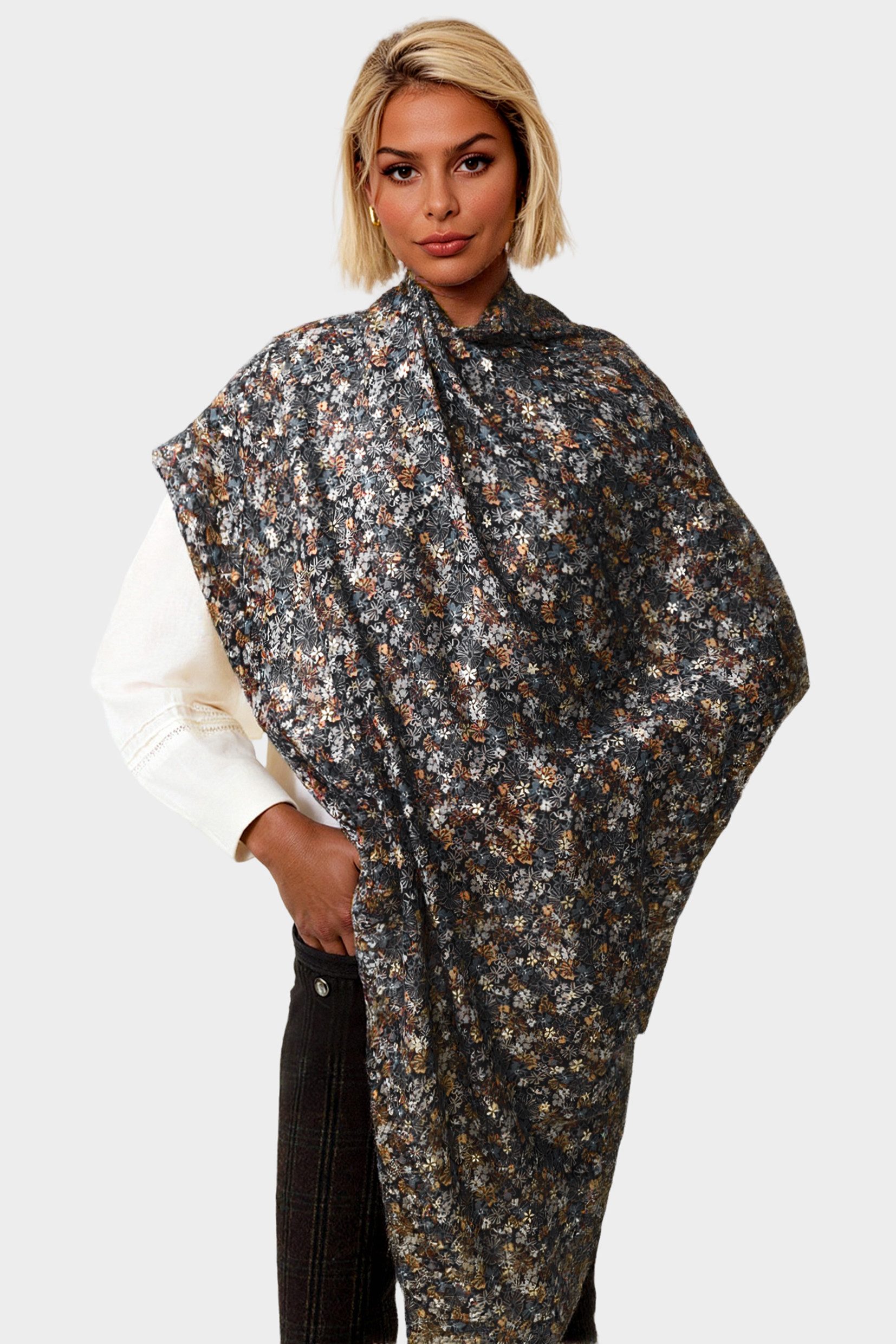 FS Collection Modeschal Damen Schal leicht & weich – Muster, Blumen, Blätter, Punkte, 100% Polyester – leicht, weich, formstabil