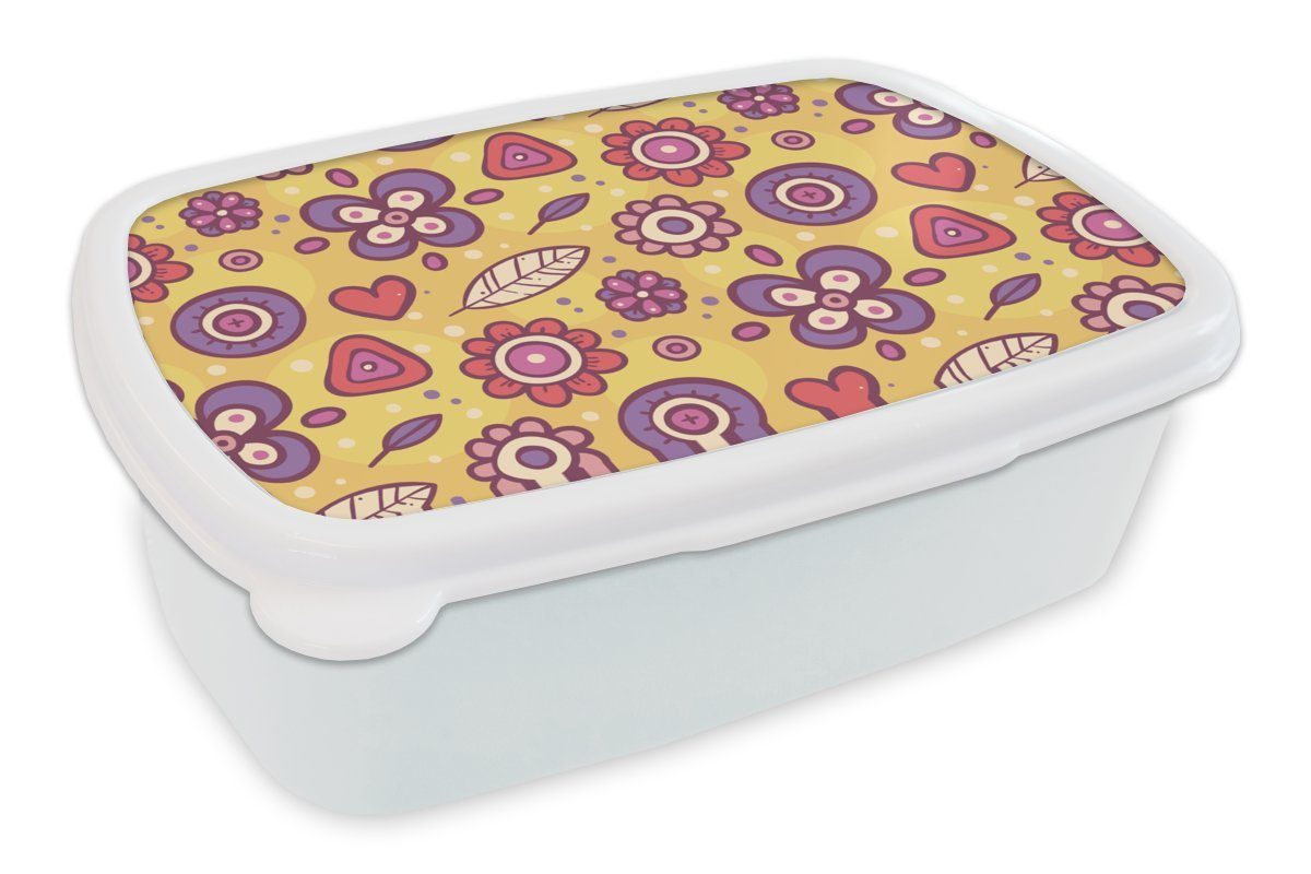 MuchoWow Lunchbox Muster - Blumen - Lila - Orange, Kunststoff, (2-tlg), Brotbox für Kinder und Erwachsene, Brotdose, für Jungs und Mädchen weiß