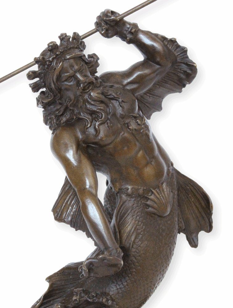 JS GartenDeko Dekofigur Bronzefigur H cm 30 Bronzeskulptur Poseidon Marmorsockel auf Bronze