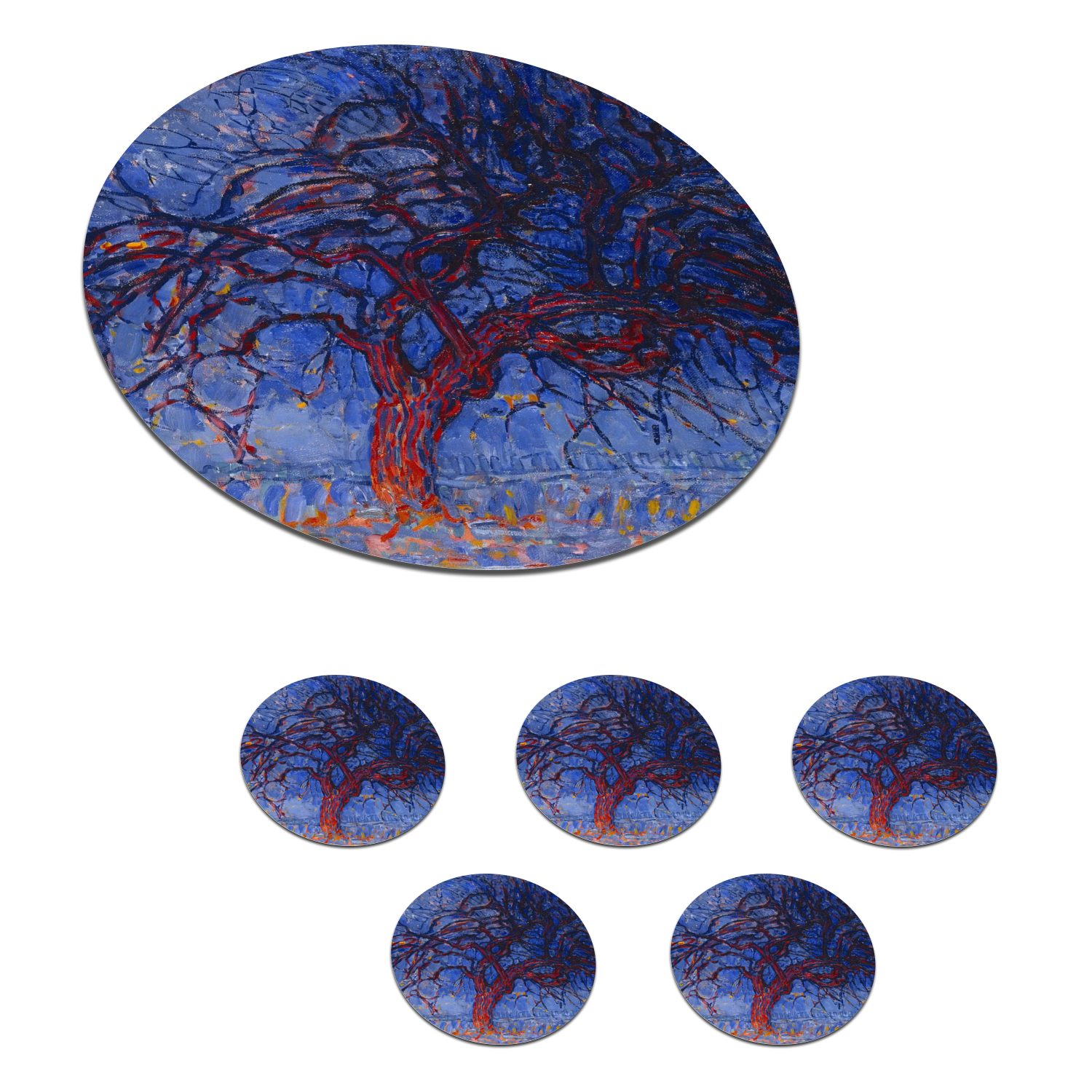 MuchoWow Glasuntersetzer Roter Baum - Piet Mondrian, Zubehör für Gläser, 6-tlg., Getränkeuntersetzer, Tassenuntersetzer, Korkuntersetzer, Tasse, Becher