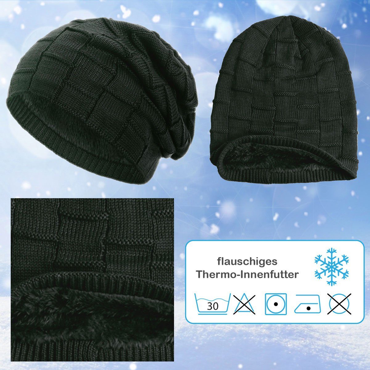 Damen compagno Gefütterte Haube Beanie (1-St) Winter oliv Herbst Wintermütze Herren Strickmütze Mütze