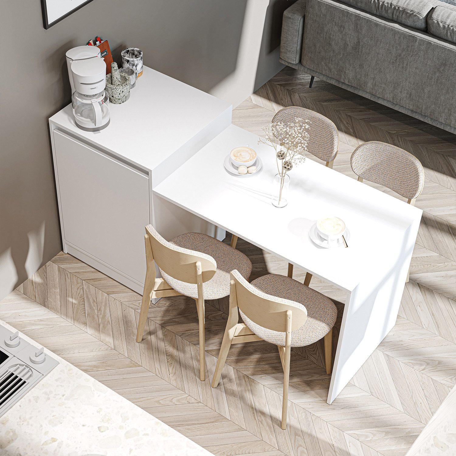 Roomart Küchentisch MILANO Kücheninsel 160 cm, Esstisch + Schrank in 4 Farben (Kücheninsel mit Esstisch, Küchentisch & Küchenschrank), Esstisch + Schrank kombiniert, fest stehend in 4 Farben
