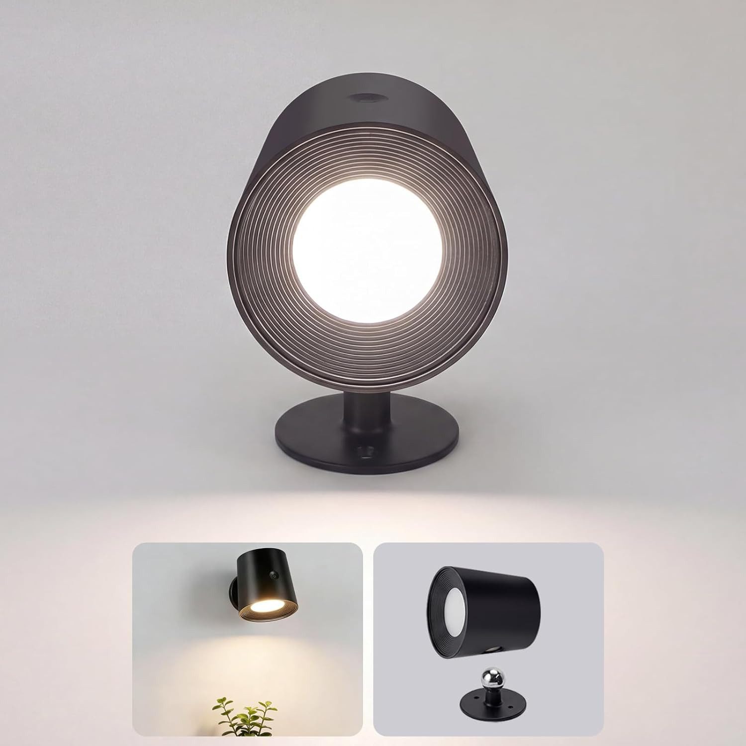 ZMH LED Wandleuchte Leselampe Schwarz Akku 360° Drehbar Touch Control 3 Helligkeitsstufen, Mit Fernbedienung Augenschutz, LED fest integriert, 3000-6500K, USB-Ladefunktion, Wohnzimmer