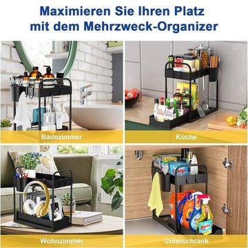 Vicbuy Ablageregal 2-stöckiger Organizer mit 4 Haken 2 Etagen & 1 Hängebeche, Spülschrankregal Waschbecken Regal, Unter der Spüle Schiebeschrank Regal Organizer für Badezimmer, Küchen