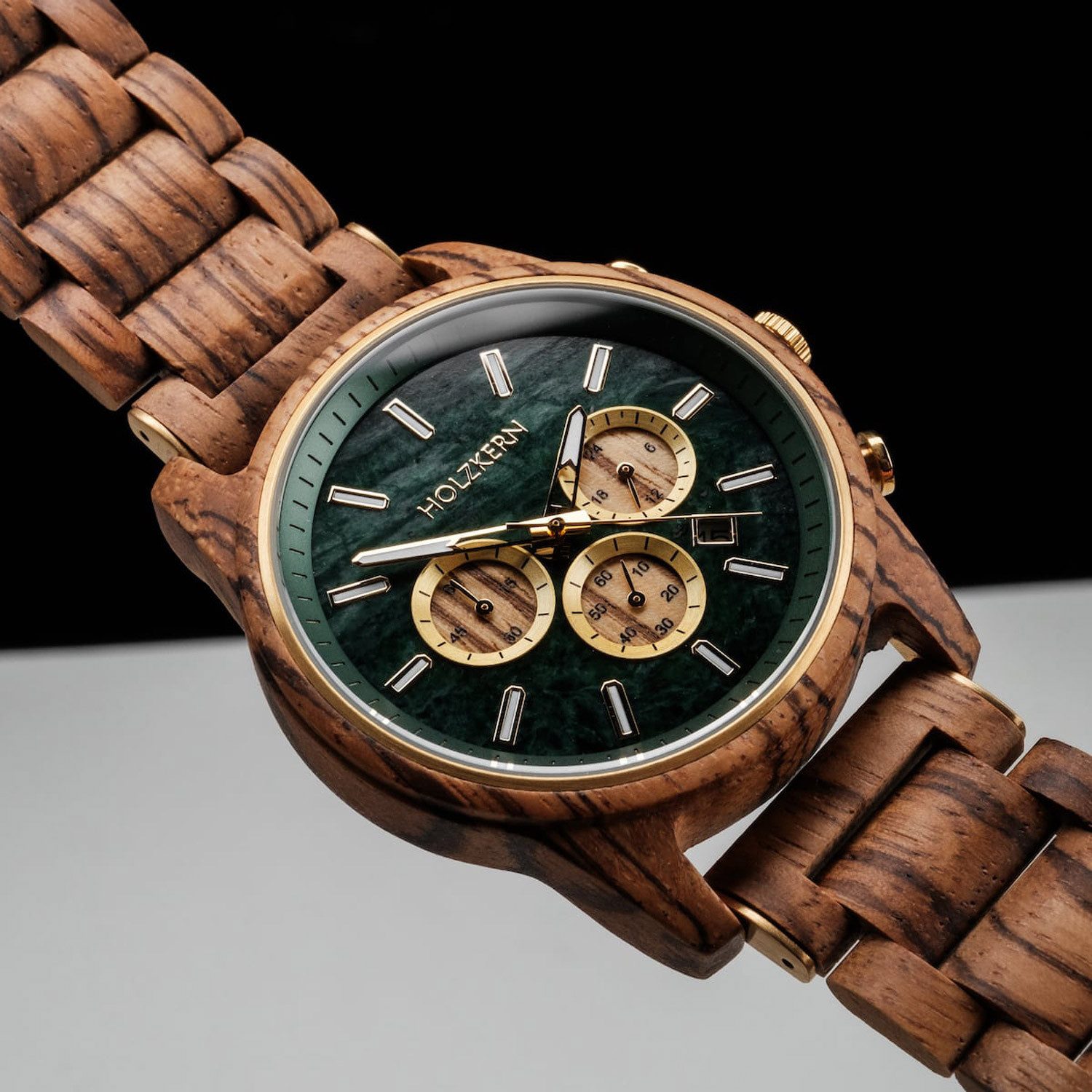 Holzkern Quarzuhr 9010631016371, Herrenuhr Chronograph Blätterdach Zebrano/Marmor