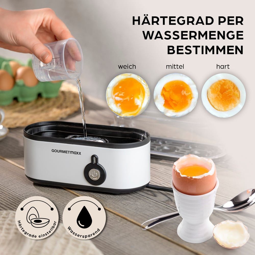 GOURMETmaxx Eierkocher für 3 Eier 210W weiß, 210 W, mit Messbecher & Eierstecher - kompakt