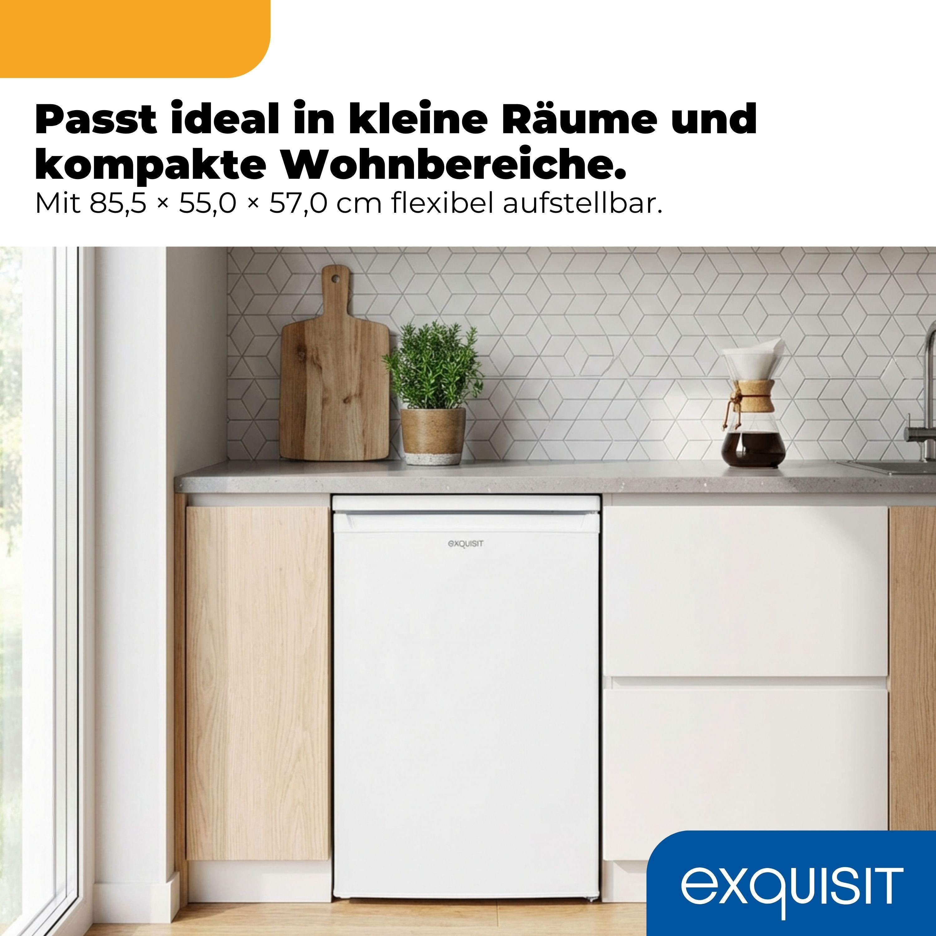 exquisit Kühlschrank KS516-4-E-040E, 85 cm hoch, 56 cm breit, 109 l Nutzinhalt, LED Beleuchtung, 40 dB Geräusch, Geräuschklasse C