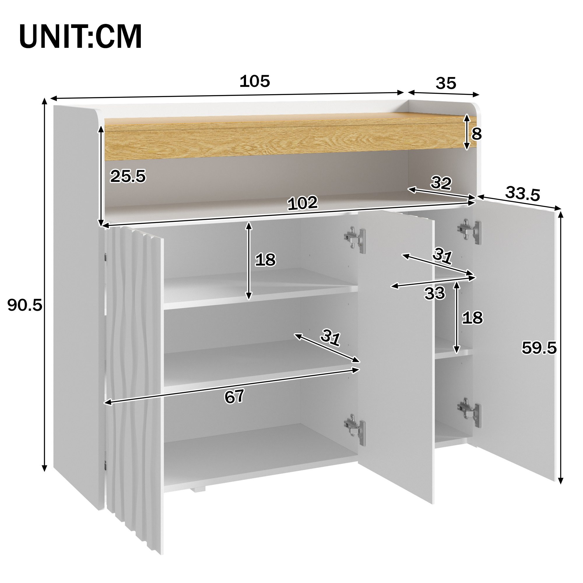 Celya Sideboard Schuhschrank mit LED-Beleuchtung und Offenem Ablagefach (mit 3 Türen, Wellenmuster-Design und Verstellbaren Einlegeböden), Ideal für Esszimmer, Wohnzimmer Flur oder Schlafzimmer