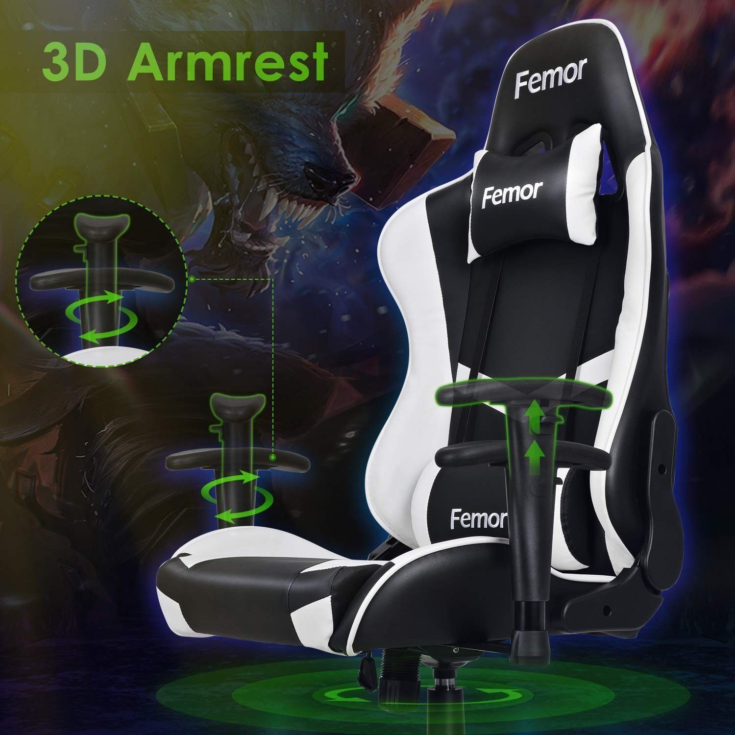 Femor Gamer Weiß Stuhl Gaming Gaming Neigungswinkel Chair Stuhl, 90°-160°