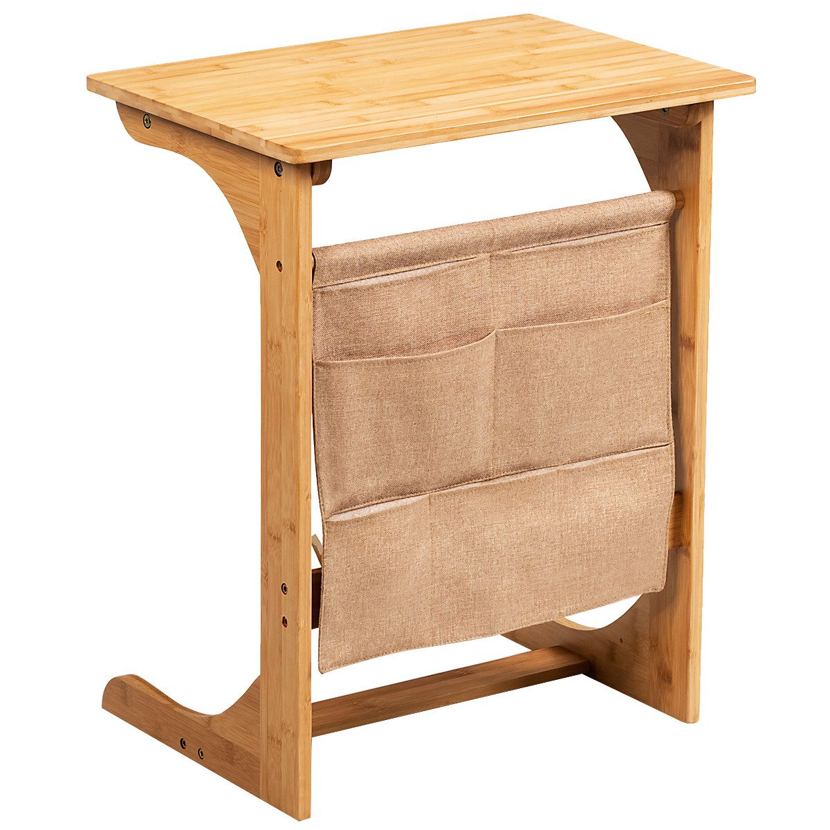 COSTWAY Beistelltisch Laptoptisch Bett, mit Tasche, C-förmig, Bambus, 62cm