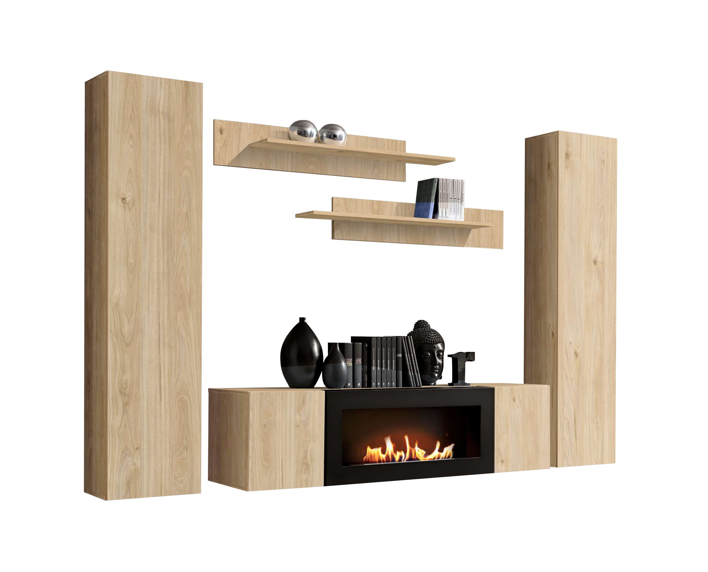 99rooms Wohnwand Fli M1, (Wohnzimmer-Set, Wohnmöbel), 2 x Hängeschrank, Lowboard mit Biokamin, 2 x Wandregal
