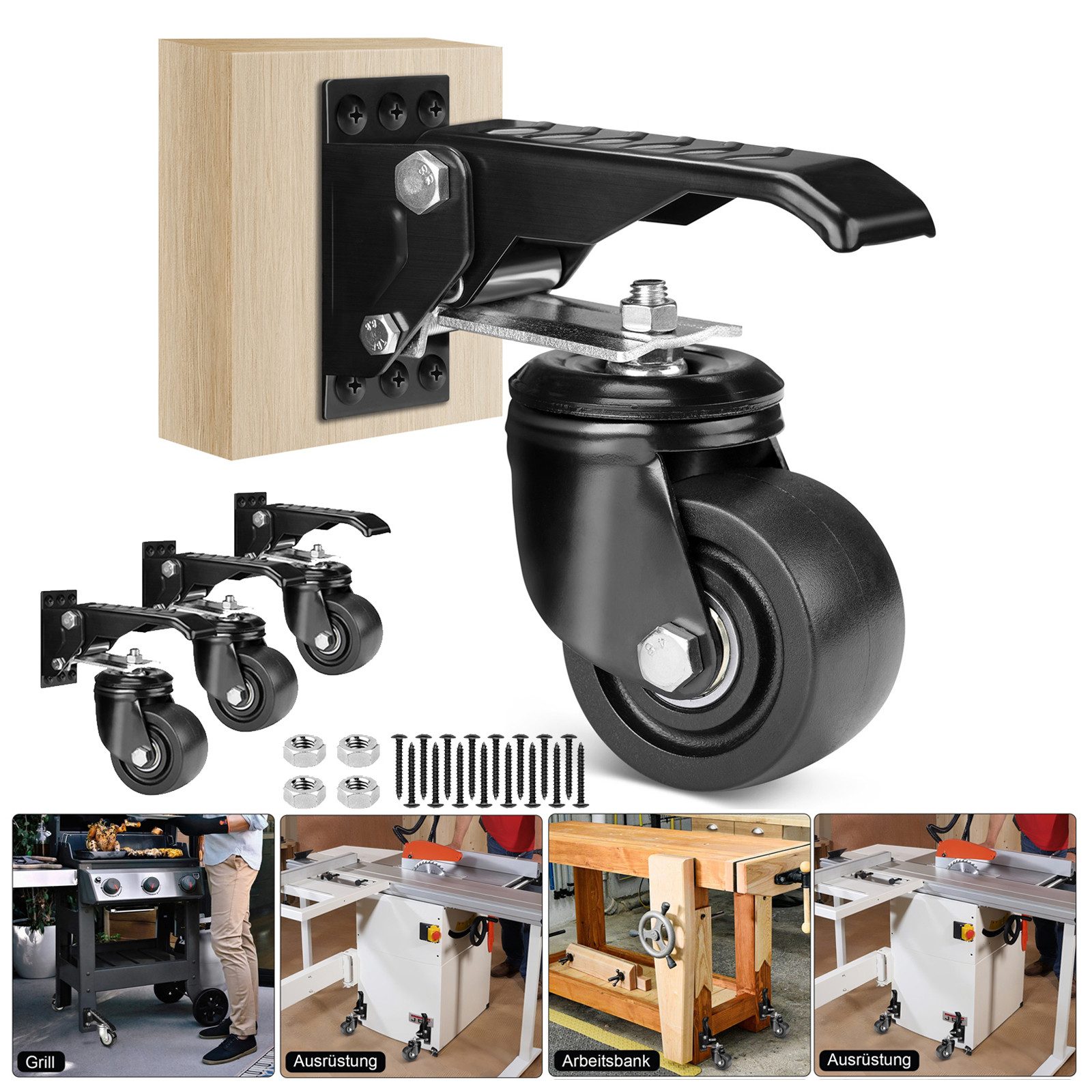 XERSEK Lenkrolle 4X 75mm Schwerlastrolle Transportrollen Absenkbar für Werkbank, (Absenkbar Lenkrollen Heberollen Industrierollen, bis 250 kg, für Werkbänke oder andere Geräte, Schwarz)