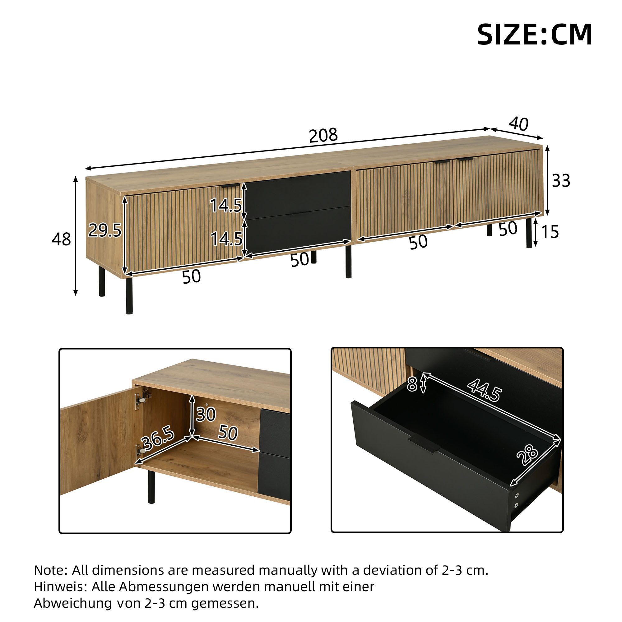 KLAM HOME Lowboard TV-Bank bis 85 Zoll mit Softclose & Kabelmanagement (208cm Lowboard mit Schubladen & Schränken, viel Stauraum), Modernes TV-Möbel Schwarz-Natur stabil & pflegeleicht