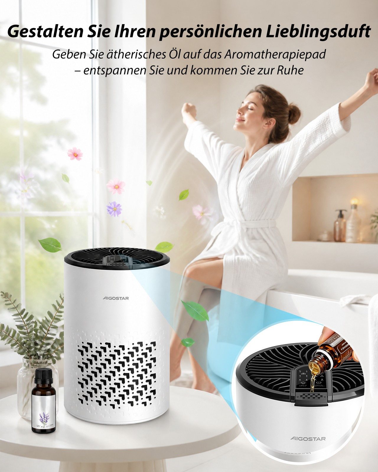 Aigostar Luftfilter 15dB Luftreiniger Energiesparend, 4-fach HEPA-Filter& Profi-Aktivkohle, 15dB Air Purifier, mit Schlafmodus, Aromatherapie, Energiesparend – Bild 5 von 5