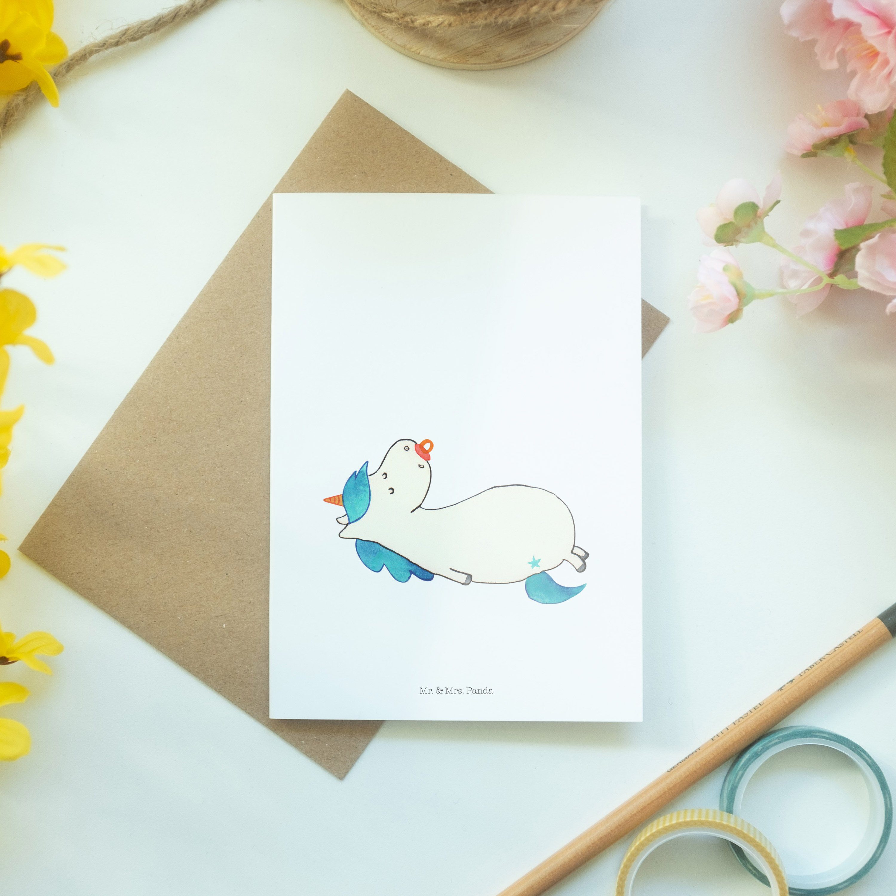 Mr. & Mrs. Panda Baby, Schnullie Weiß Grußkarte - Einhorn Geburtst - Glückwunschkarte, Geschenk