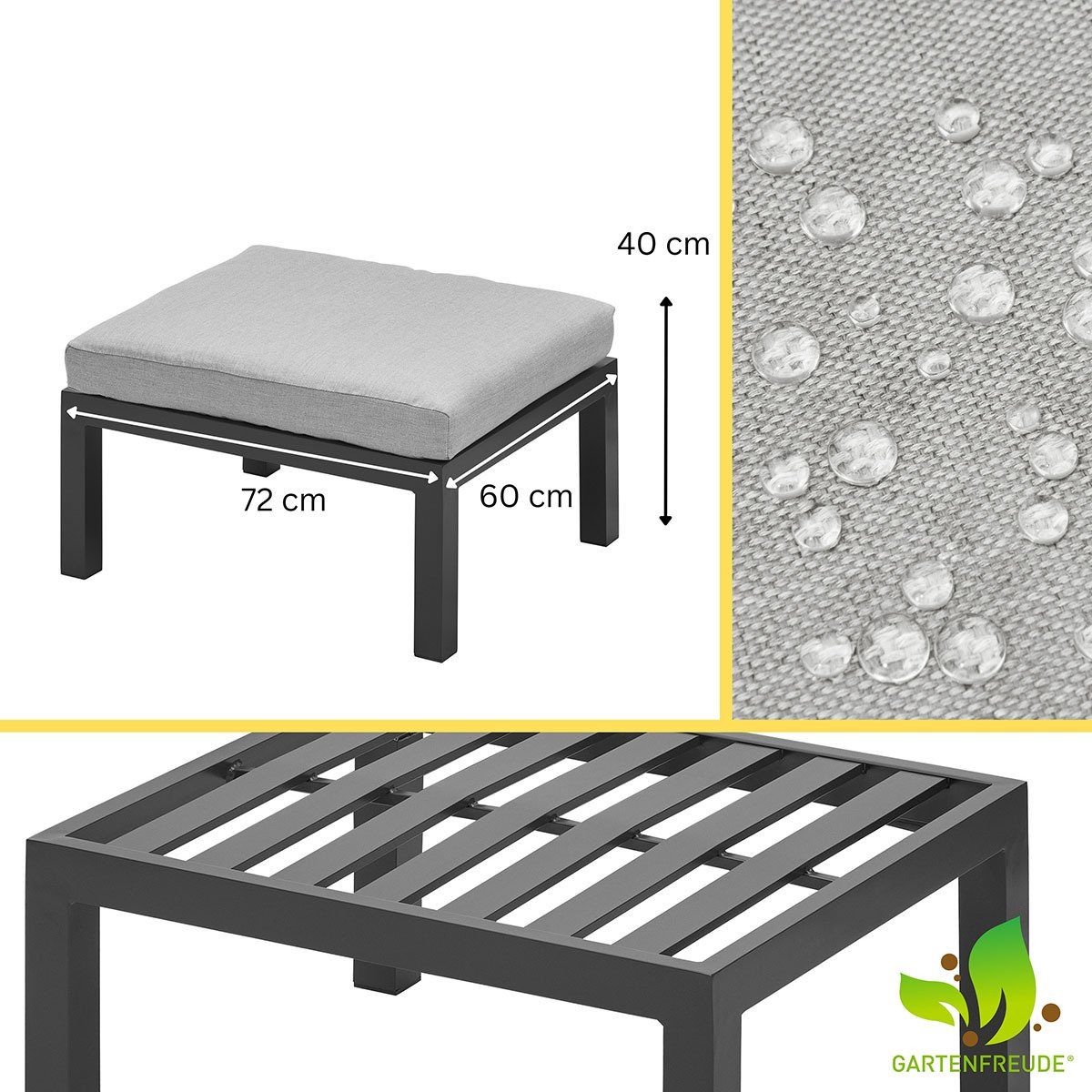 Gartenfreude Gartentisch mit Kissen Grau wasserabweisenden Dunkelgrau Teak Stoff (1-St), / Hocker / Aluminium Ambience
