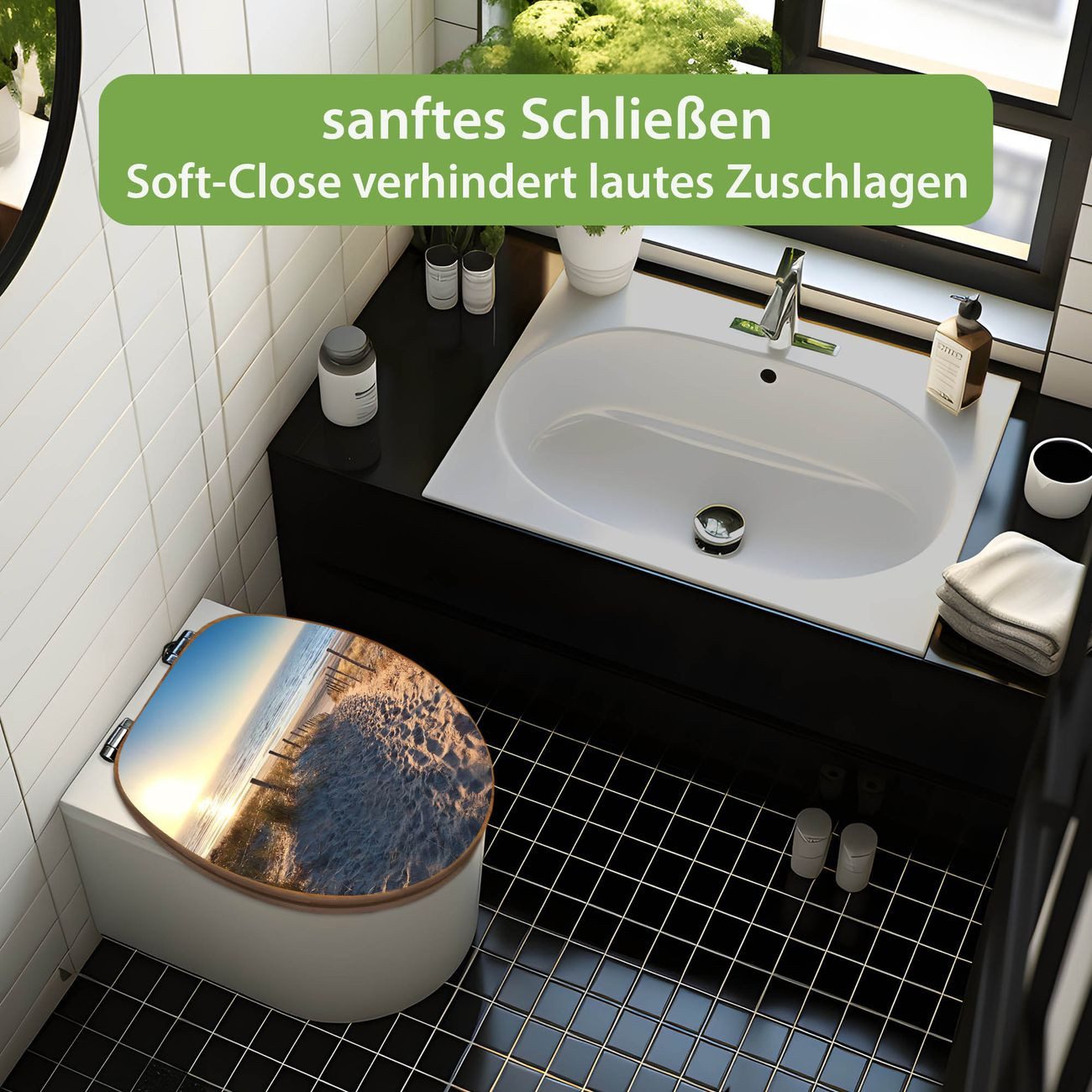 banjado WC-Sitz aus Bambus mit Absenkautomatik Motiv Nordseestrand (umweltfreundliches Material, integrierte Absenkautomatik), 45,8 x 37,5 x 5 cm