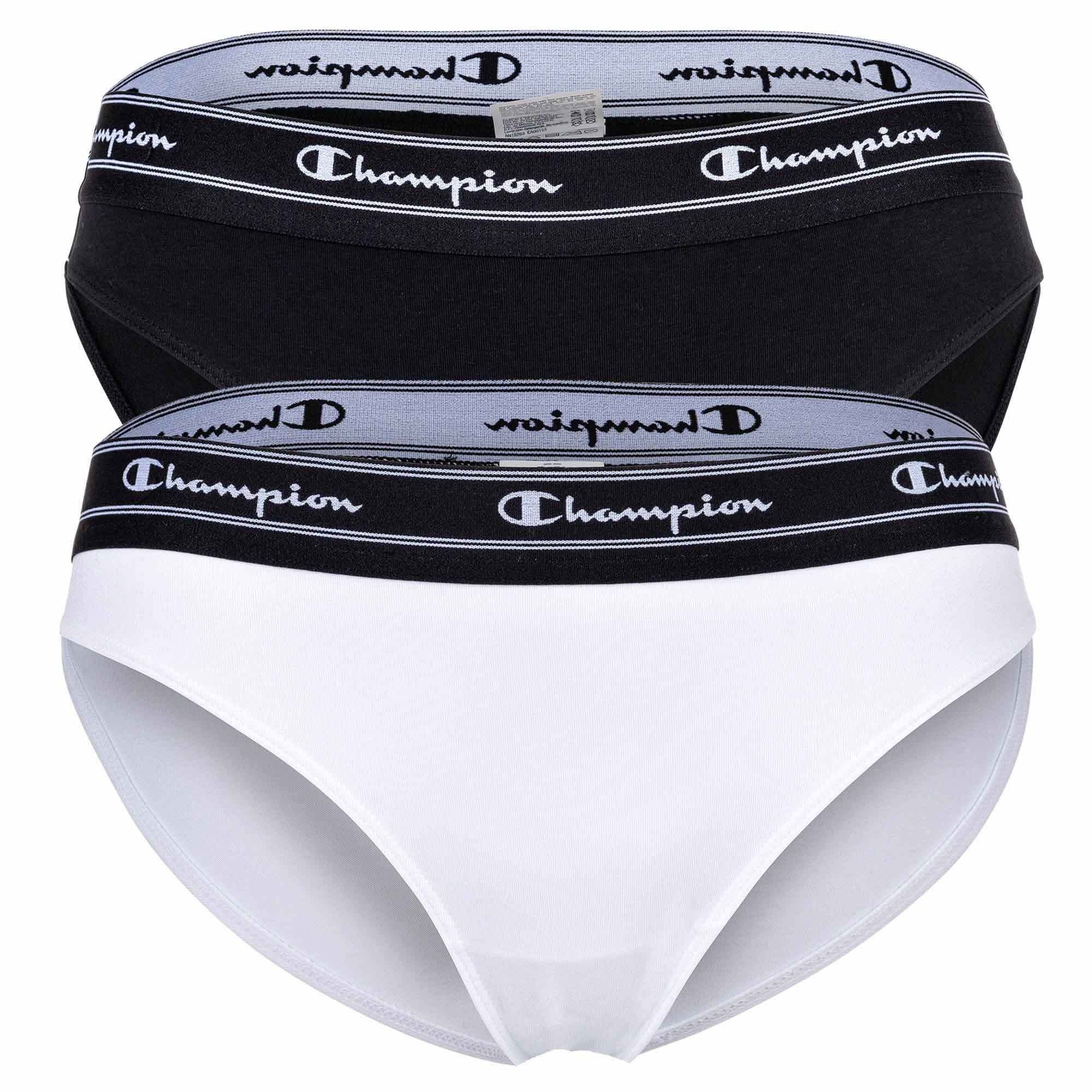 Damen 2er Champion - Bikini-Slips, Weiß/Schwarz Slip Slips, Logo-Bund Pack