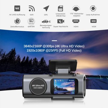 HOUROC Dashcam Auto,2-Kanal 4K+1080P Autokamera,Mit 1.3 Zoll-Bildschirm GPS Dashcam (4K Ultra HD, WLAN (Wi-Fi), Zeitrafermodus, 135°Ultraweitwinkel,App-Steuerung Autokamera,Super Nachtsicht, Autokamera mit Parkuberwachung,G-Sensor, Loop-Aufnahme,WDR)