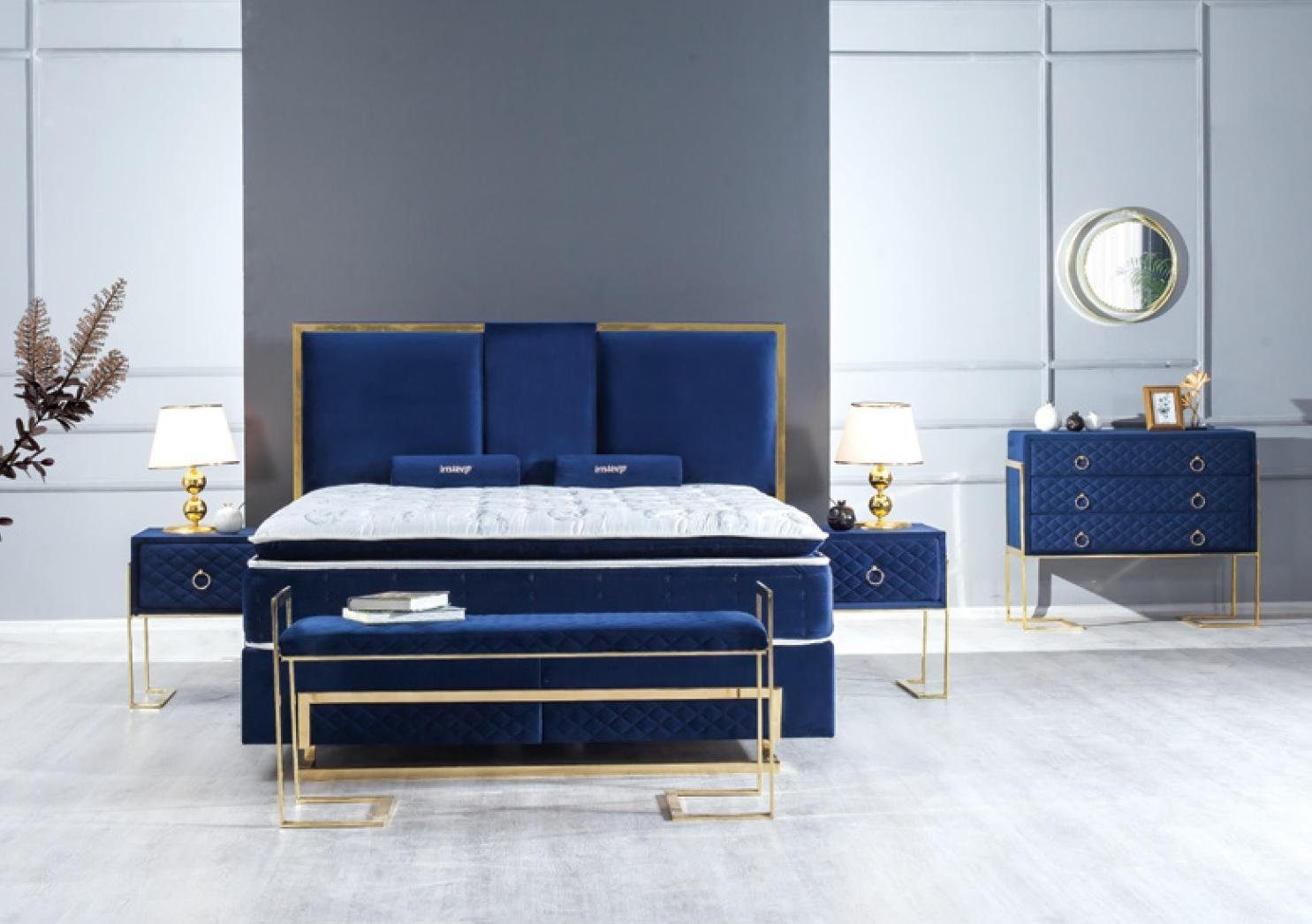 JVmoebel Schlafzimmer-Set Schlafzimmer Set Bett Blau Hocker Kommode Design Luxus 2x Nachttische, (5-St., Bett,Hocker,Kommode, 2x Nachttisch), Made in Europa
