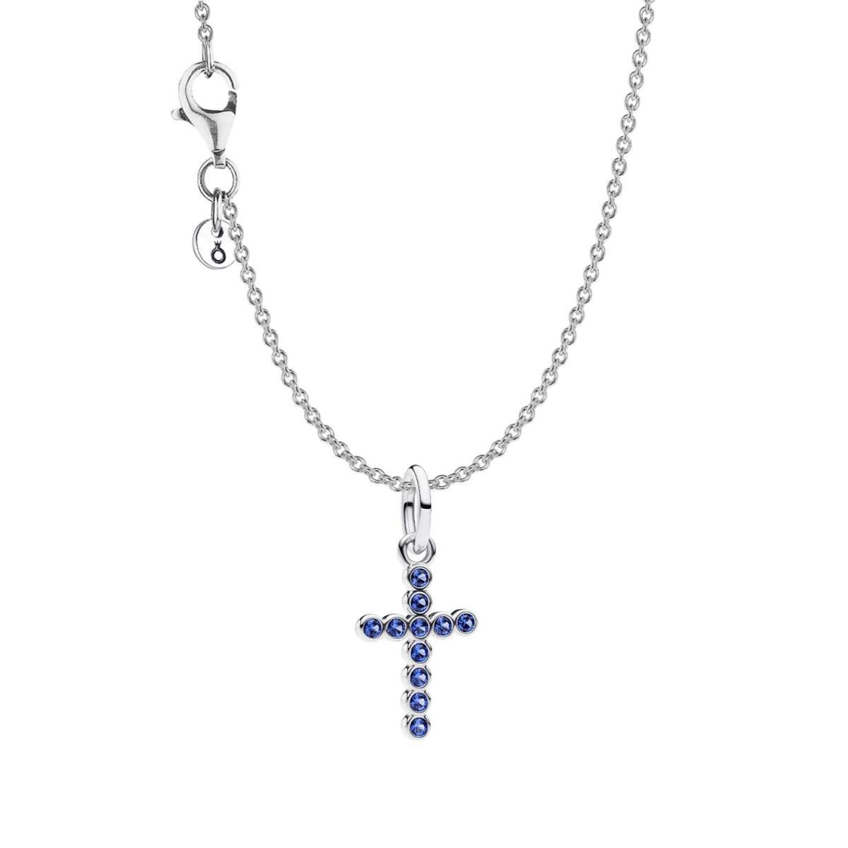 Pandora Kreuzkette 21019, für Damen-Kette Kreuz Silber mit Blauen Steinen Geschenkset