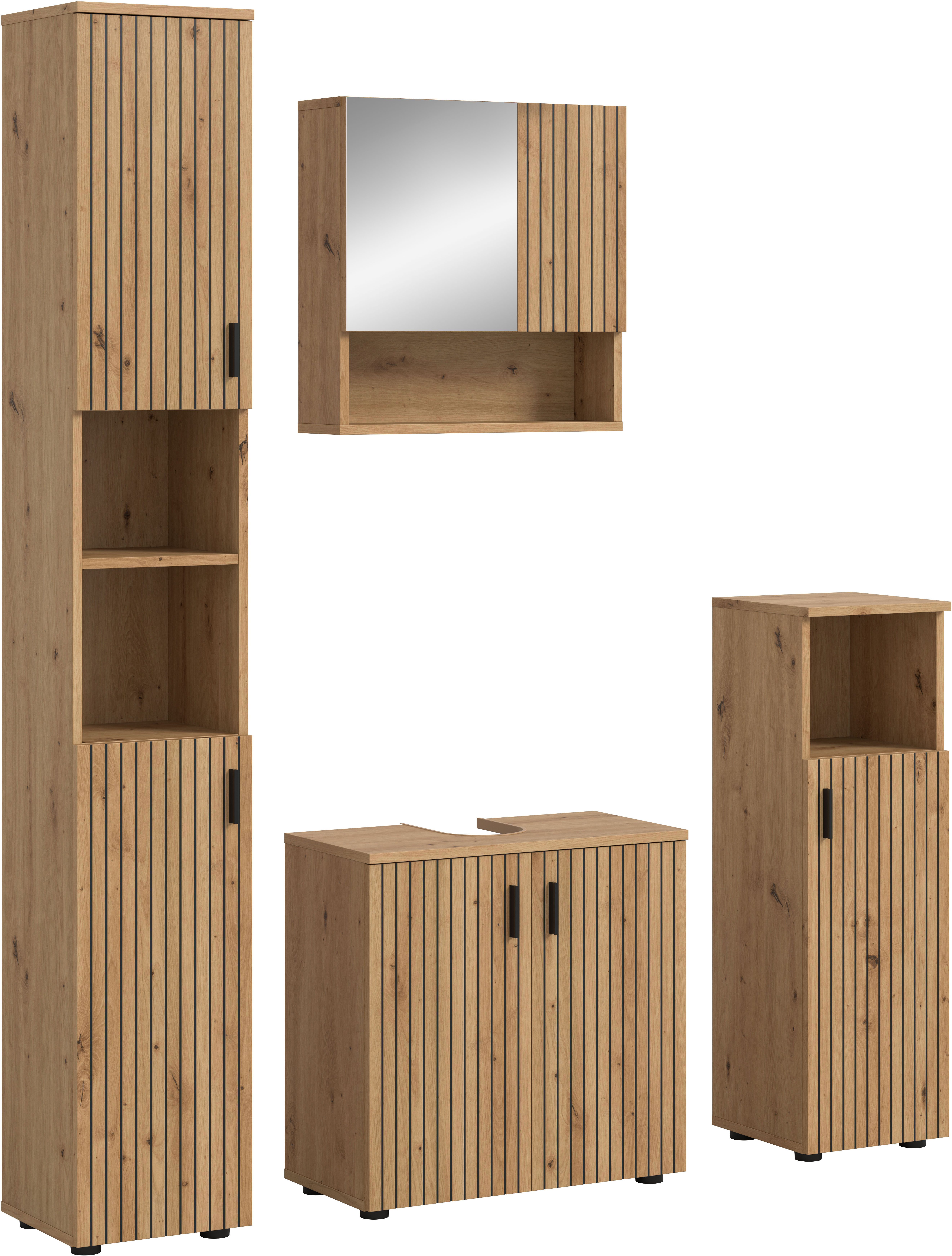 welltime Badmöbel-Set MANI, 4-tlg. Badkombination, Paneeloptik, (Set, 4-St., Set, best. aus: 1Badschrank, 1WBU, 1 Spiegelschrank, 1 Badschrank), Bad-Kombination, Bad-Möbel, Badezimmer, Kombination, Kombi