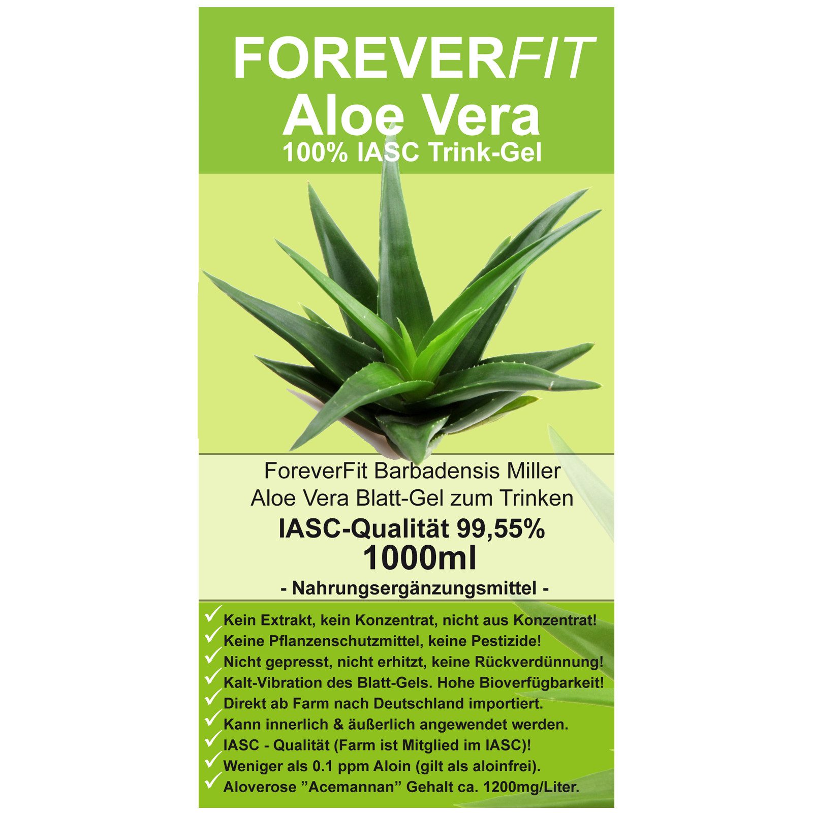 ForeverFit Aloe Vera 99,55% Natur Barbadensis Miller Pflanze Getränk Blattgel Trink Gel, 1 Flasche à 1000 ml, Art .30240