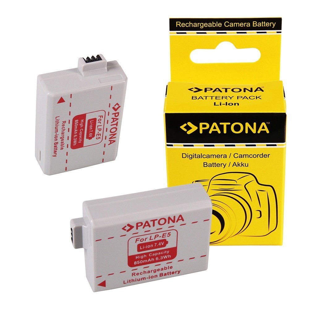 Patona 2x Akku für Canon LP-E5 LPE5 Kamera-Akku Ersatzakku Kameraakku 850 mAh (7,4 V, 2 St), EOS-450D EOS 450D EOS450D EOS1000