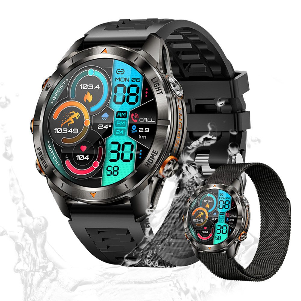Valdus Herren's Telefonfunktion IPX8-3ATM Wasserdicht Fitness-Tracker Smartwatch (1.46 Zoll, Android/iOS), Stilvolle Fitnessuhr mit Herzfrequenz, Schlafanalyse & Musiksteuerung
