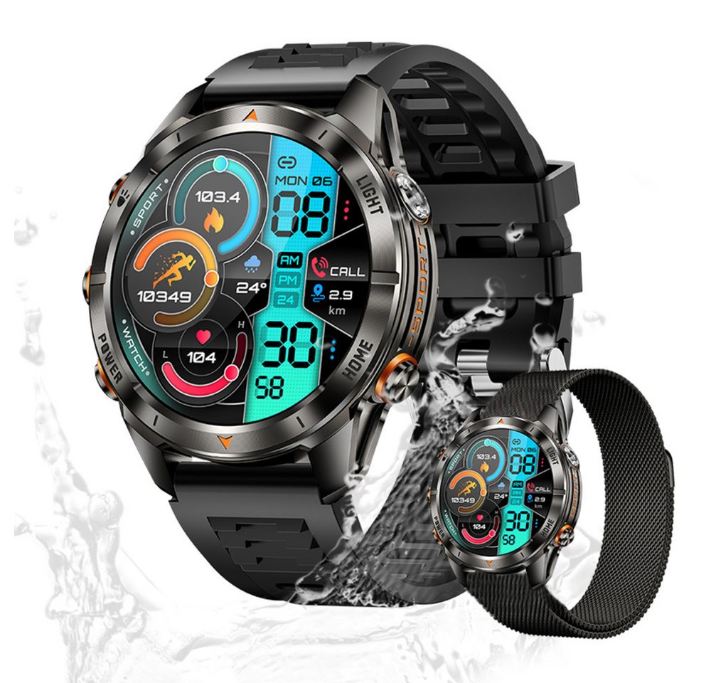 Zevelora Herren's Telefonfunktion IPX8-3ATM Wasserdicht Fitness-Tracker Smartwatch (1.46 Zoll, Android/iOS), Stilvolle Fitnessuhr mit Herzfrequenz, Schlafanalyse & Musiksteuerung