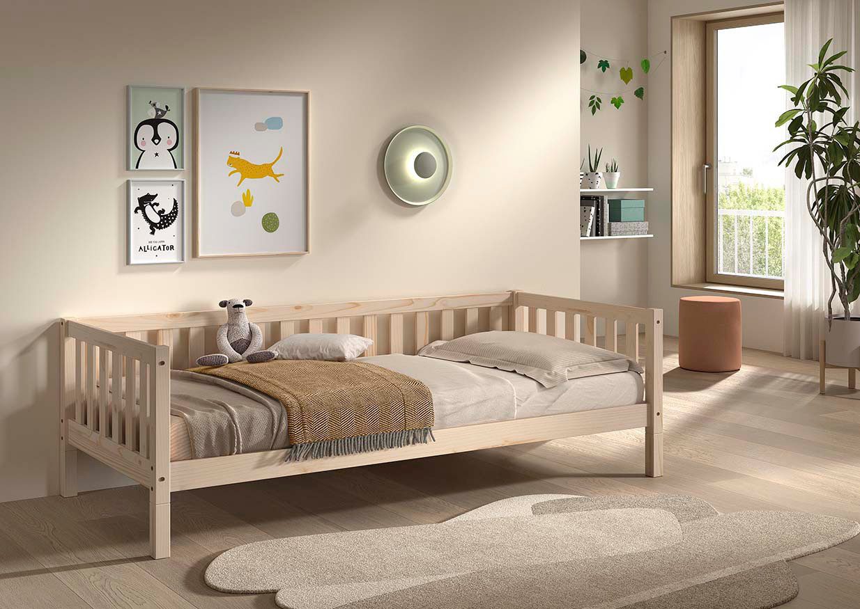 Vipack Kinderbett Dallas, Massivholzbett, umbaubar vom Boden- zum Daybett (inkl. Rolllattenrost und Sprossenumrandung, 90 oder 140x200 cm breit), stabil und standfest gebaut, wahlweise Kiefer massiv natur oder weiß