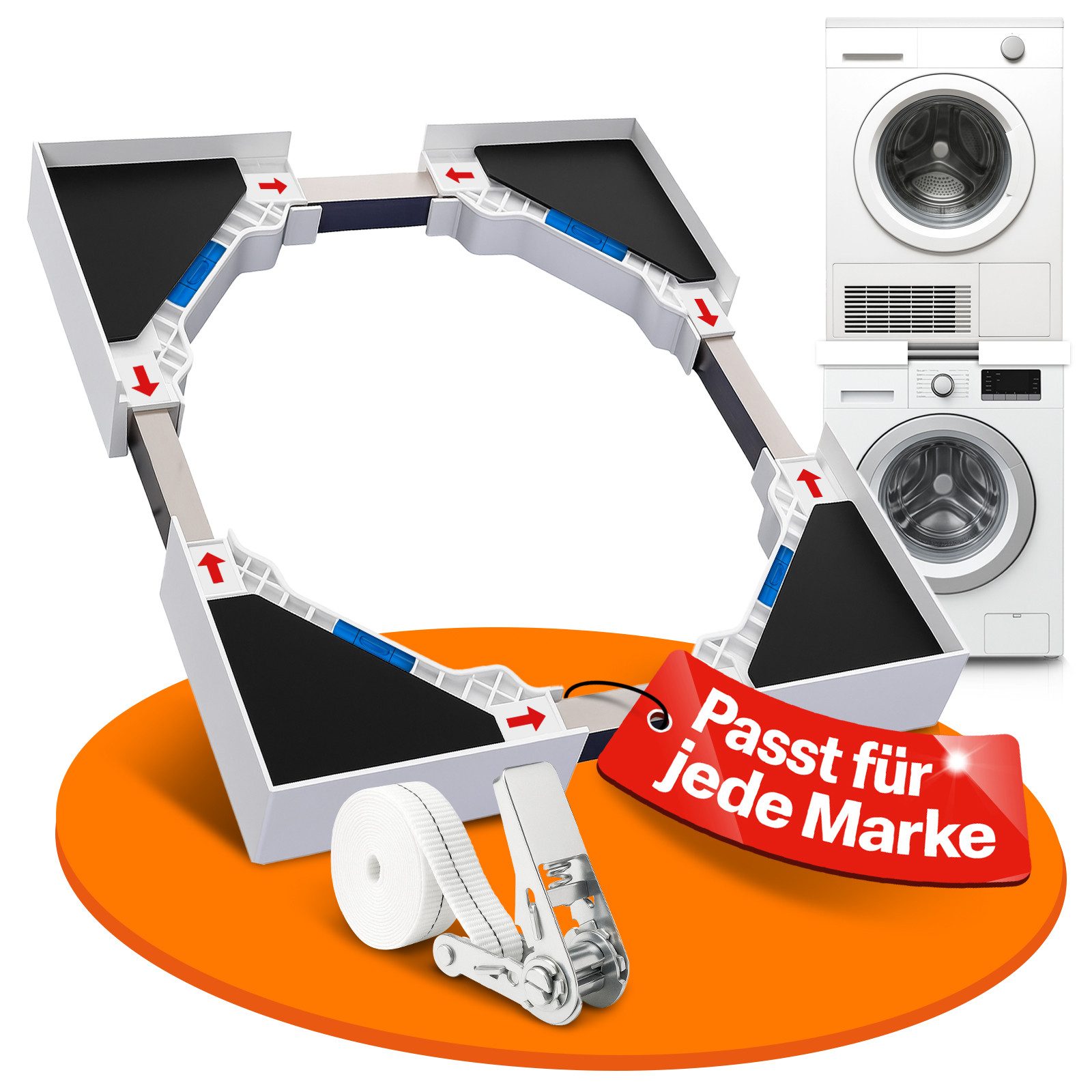 HEIMWERT Waschmaschinenuntergestell Zwischenbaurahmen für Waschmaschine Trockner, STABIL FIXIERT – RUHIG, SICHER & OHNE KLAPPERN - bis 500 kg Tragkraft