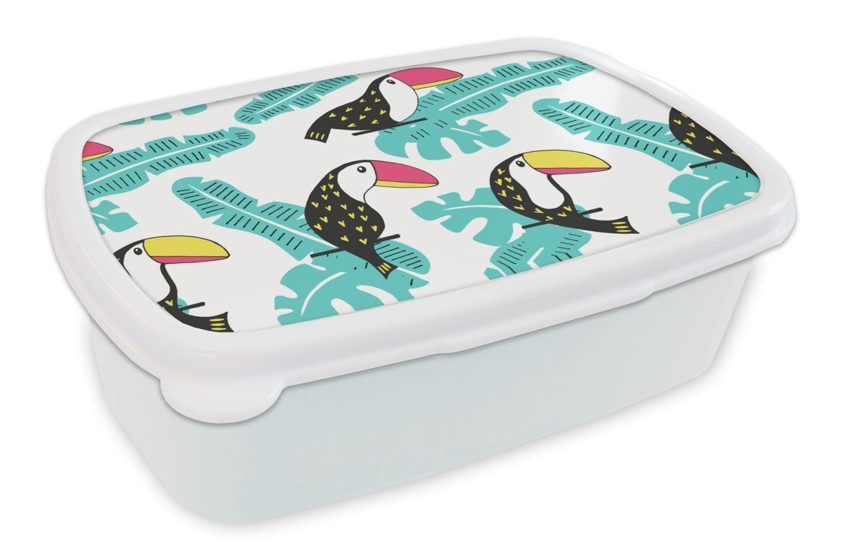 MuchoWow Lunchbox Muster - Dschungel - Tukan, Kunststoff, (2-tlg), Brotbox für Kinder und Erwachsene, Brotdose, für Jungs und Mädchen weiß