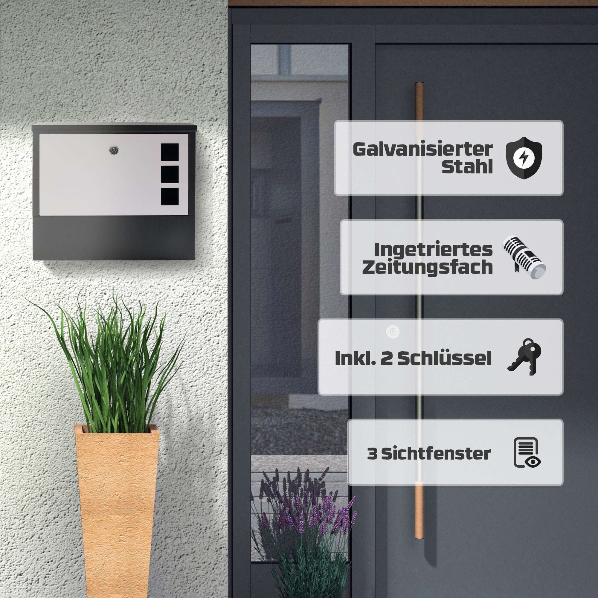 Arebos Briefkasten moderner Design Wandbriefkasten, Postkasten, inkl. Zeitungsfach, galvanisierter Stahl / Edelstahl, inkl. 2 Schlüssel