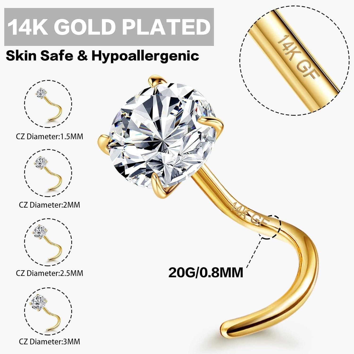 YADOCA Nasenpiercing 4 Stück 14K Gold 20G Nasenpiercing Chirurgenstahl Zirkonia L-Form