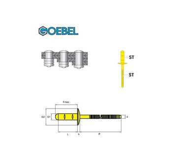 GOEBEL GmbH Blindniete 7782148100, (250x Mehrbereichsblindniete - Großkopf - Stahl / Stahl - 4,8 x 10,0 mm, 250 St., Großkopf Niete - Mehrbereich Blindniete - Mehrbereichsblindniete), MULTI Mehrbereichsniete - Mehrbereich Niete