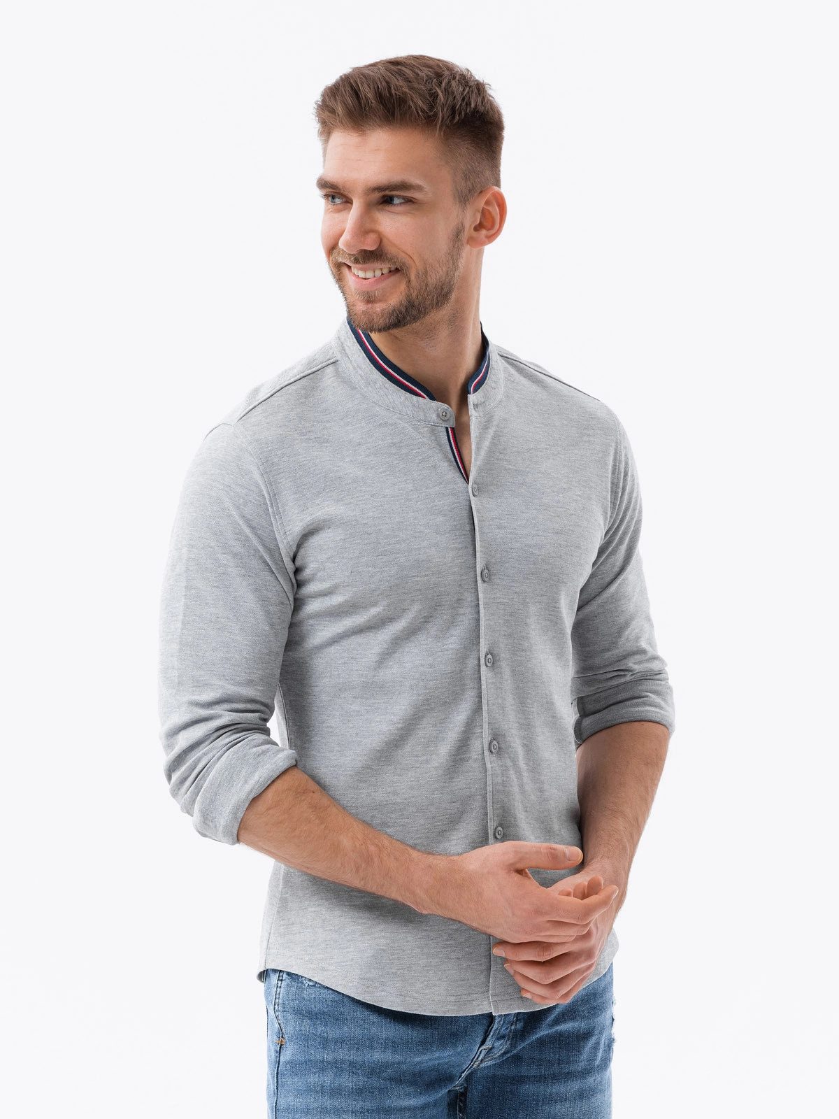 Langarmhemd Herrenhemd SLIM FIT aus Baumwolle mit farbigen Stehkragen