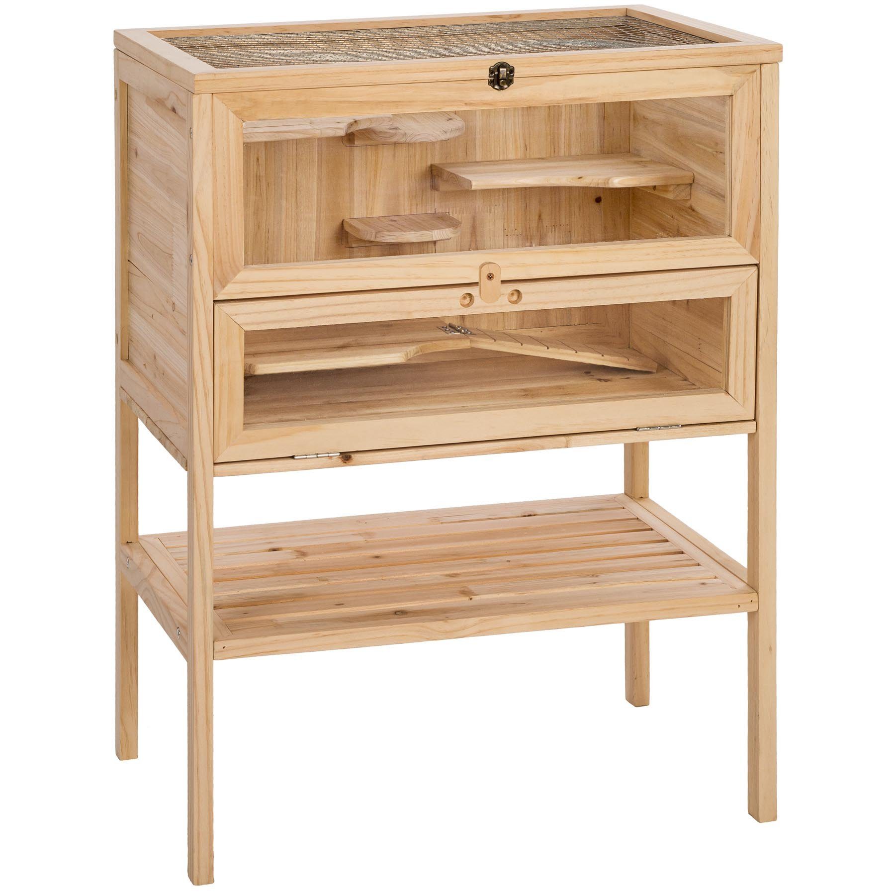 tectake Kleintierkäfig Nagerkäfig, 60 x 40 x 80 cm, aus Holz, mit 4 Etagen und einer Rampe, Große Plexiglasscheiben, aufklappbares Dachgitter, Ablage unten