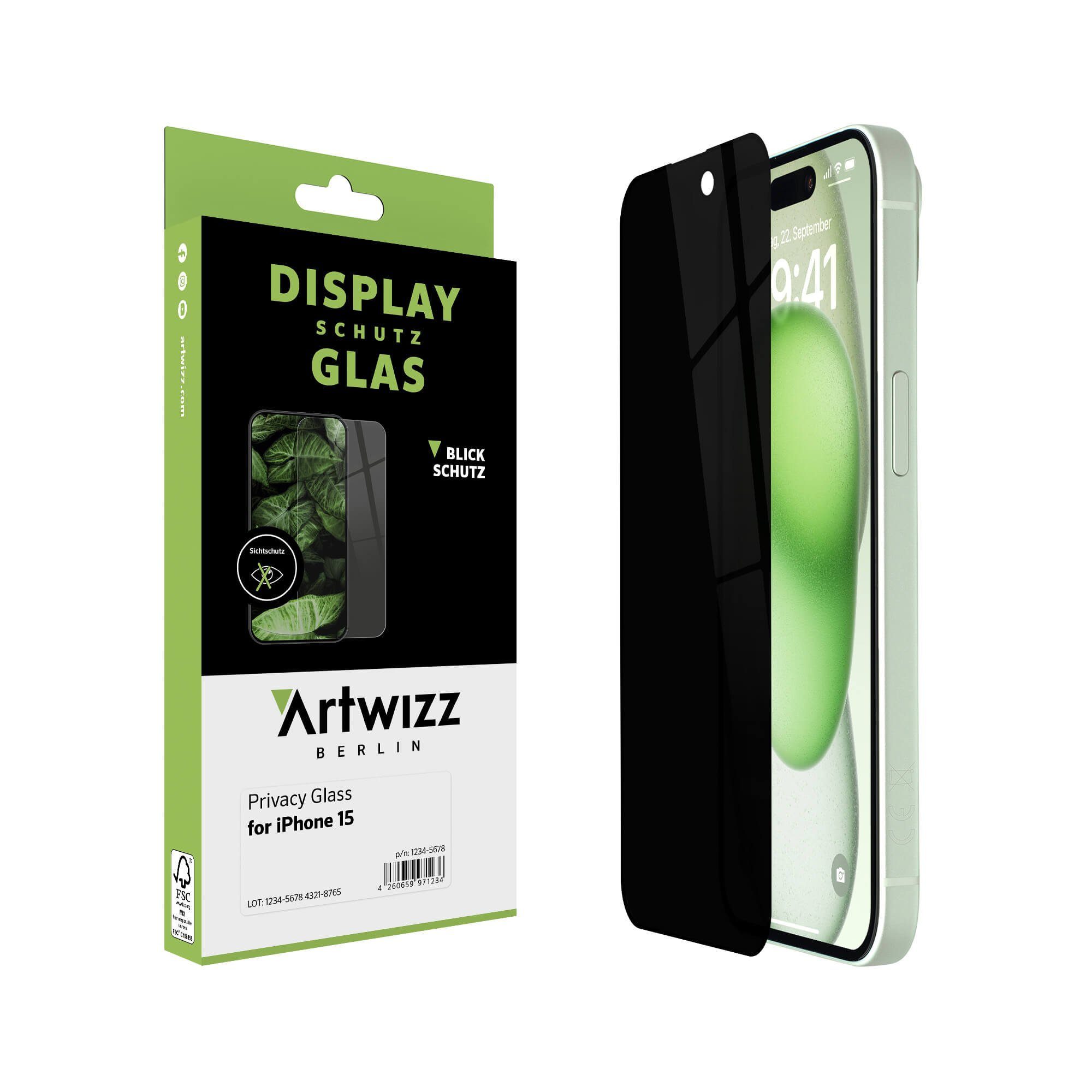 Artwizz Sichtschutzfolie PrivacyGlass, Displayschutz mit Blickschutz aus 100% Sicherheitsglas, iPhone 15
