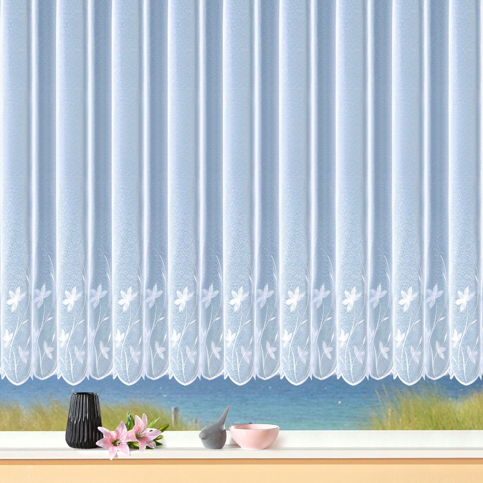 Weckbrodt Gardine Florenz (1 St), Kräuselband, halbtransparent, Sablé, echte Stickerei, Sablè, Bordüre, Kante, floral, geblümt, Store