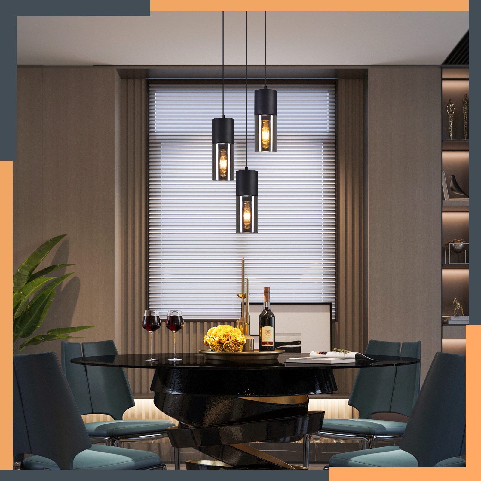 ZMH Pendelleuchte Esszimmer 3/4 Flammig Schwarz E27 Fassung Pendellampe für Küche Flur, DIY-Beleuchtung, ohne Leuchtmittel, Verstellbare Hängeleuchte Lampenschirm Glas Schlafzimmer