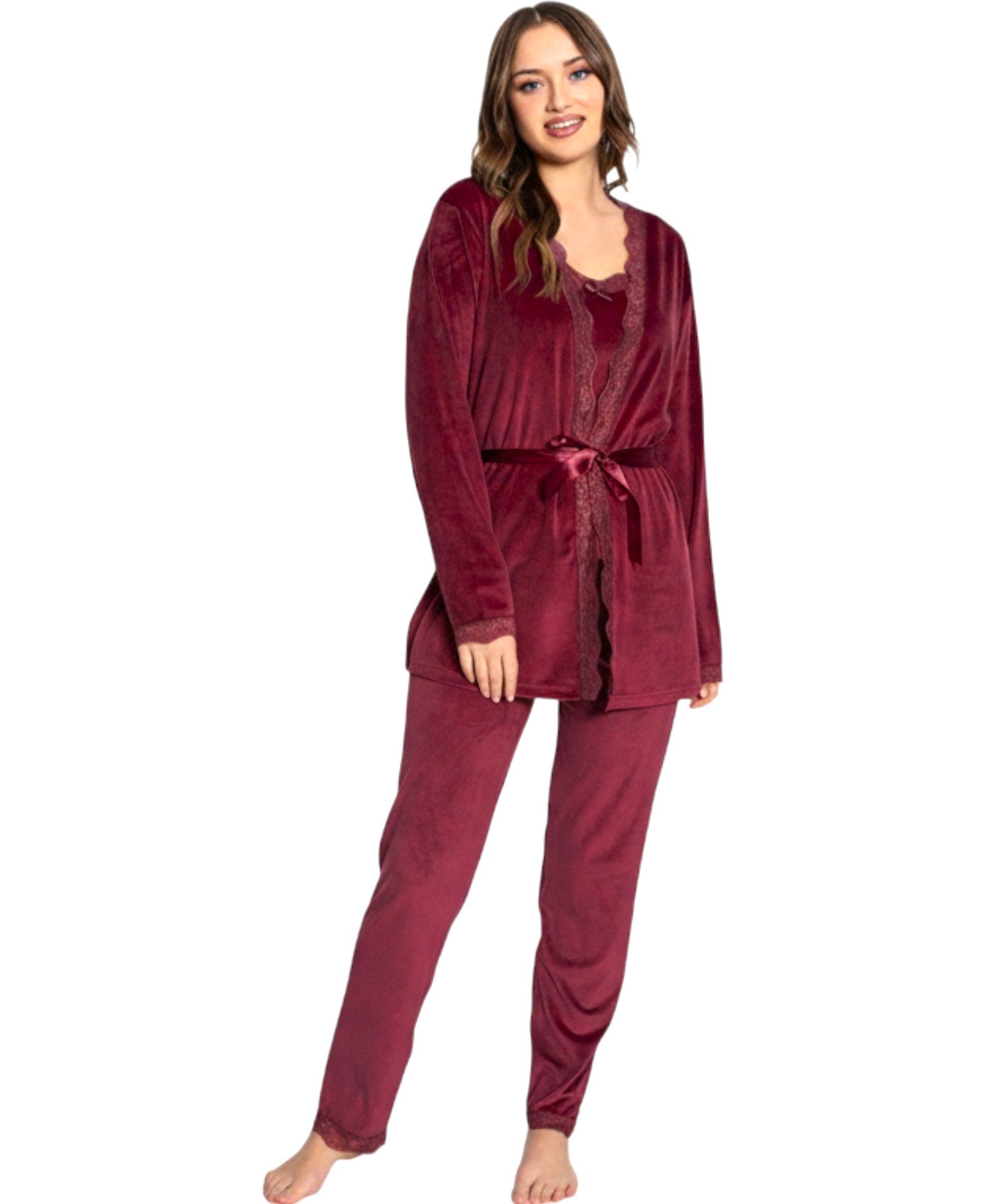 fashionshowcase Hausanzug 3 teiliger Pyjama Schlafanzug mit Morgenmantel 100% Samt