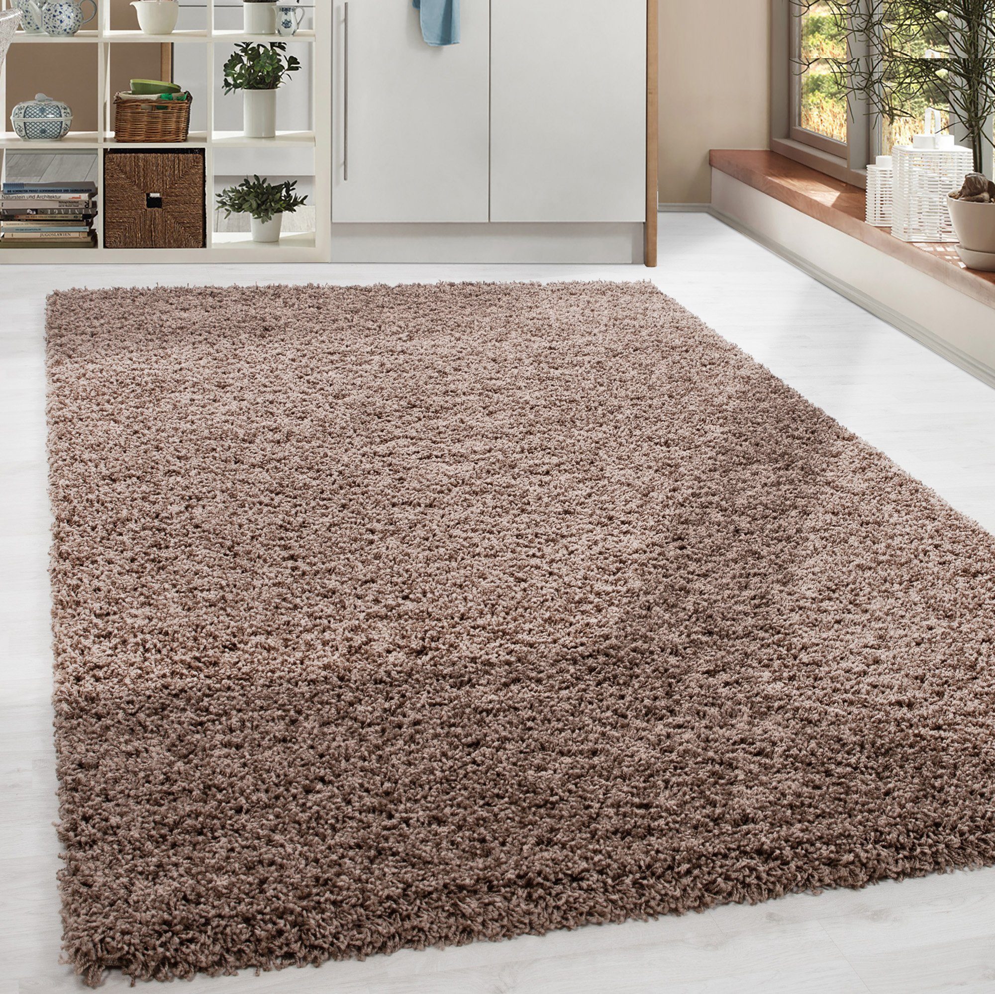 Teppich Unicolor - Einfarbig, HomebyHome, Rund, Höhe: 30 mm, Teppich Wohnzimmer Shaggy Einfarbig Mocca Modern Flauschig Weiche