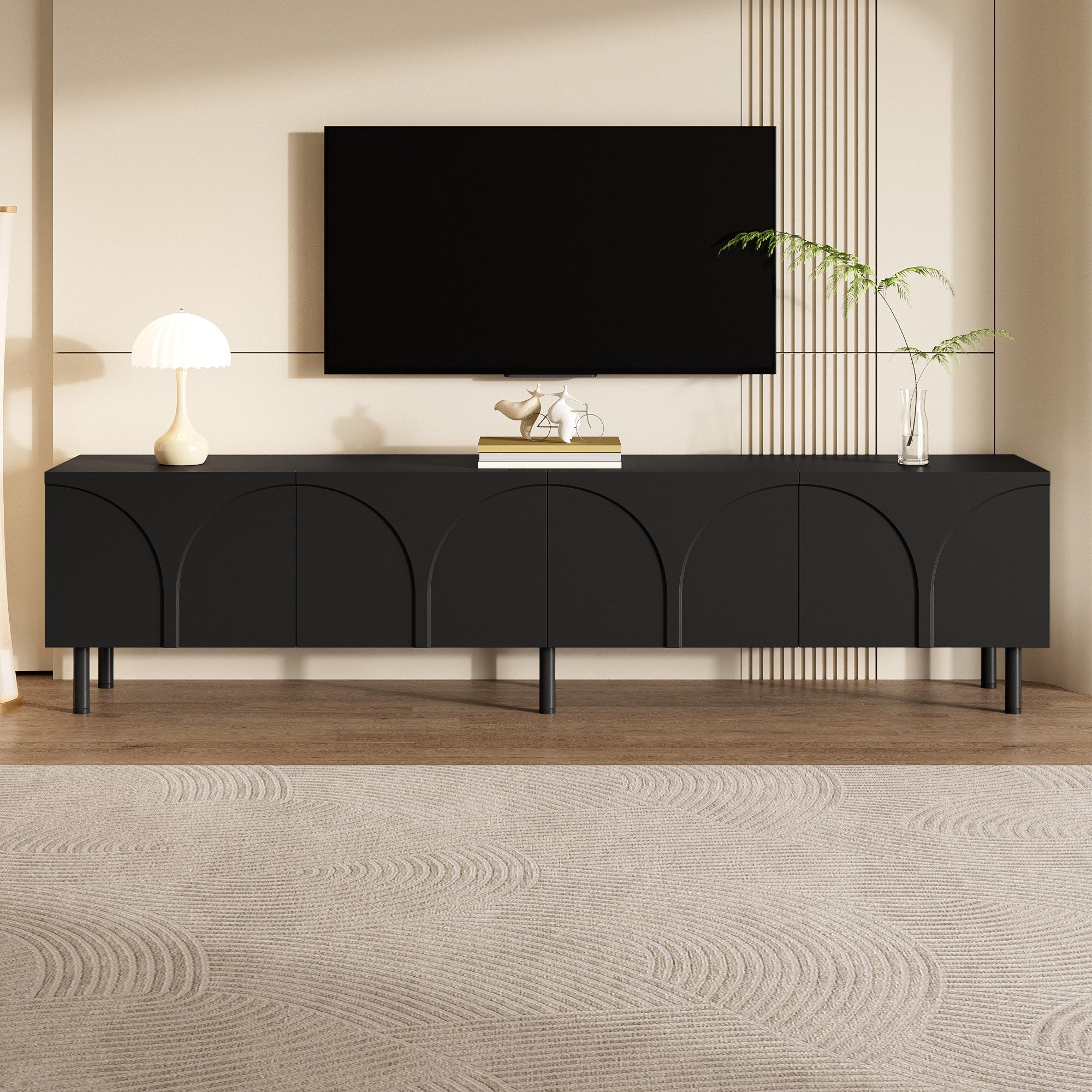 Merax Lowboard mit 3D geschwungenen Linien (180 x 35 x 49 cm (L x B x H), 1 St), TV-Schrank mit 4 Türen, 2 Staurräumen & Metallfüßen