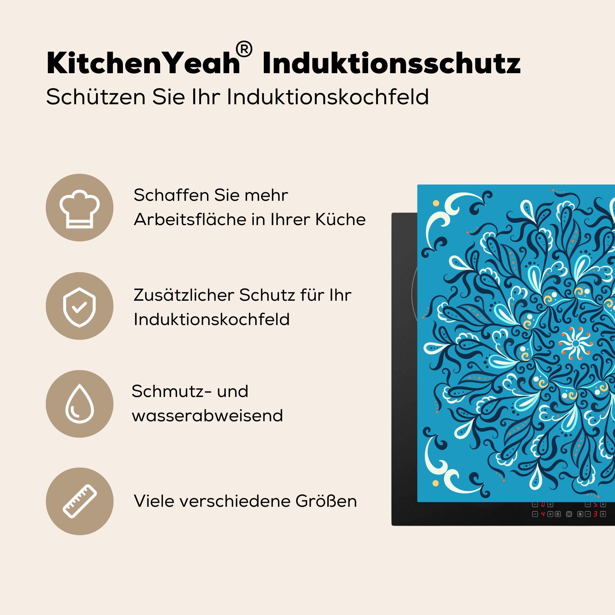 MuchoWow Herdblende-/Abdeckplatte Mandala - Blau - tlg), Ceranfeldabdeckung, küche (1 cm, Vinyl, 78x78 Arbeitsplatte Muster, für