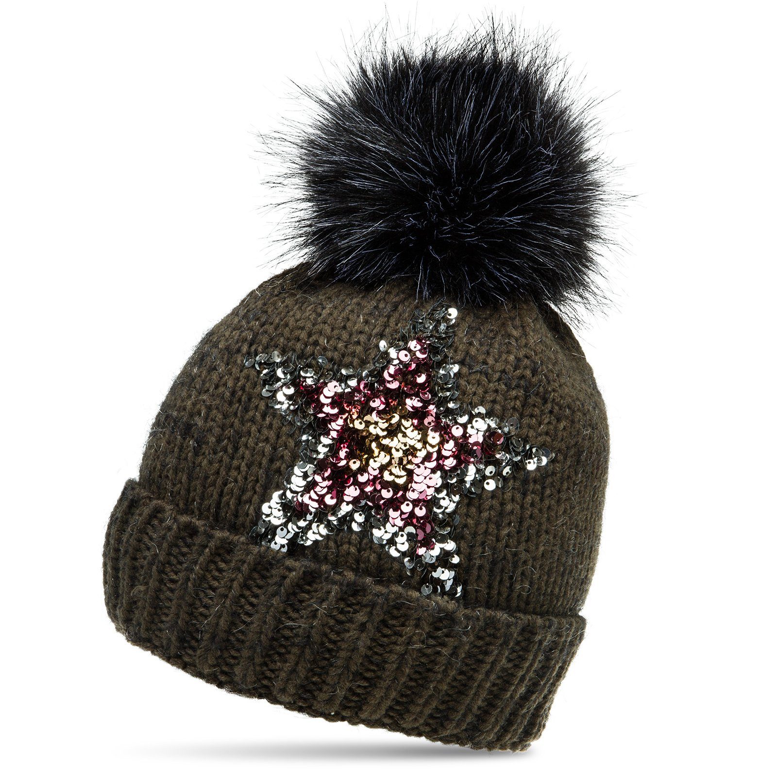 Caspar Bommelmütze MU161 Damen Strick Winter Mütze mit Pailletten Stern und günstig online kaufen