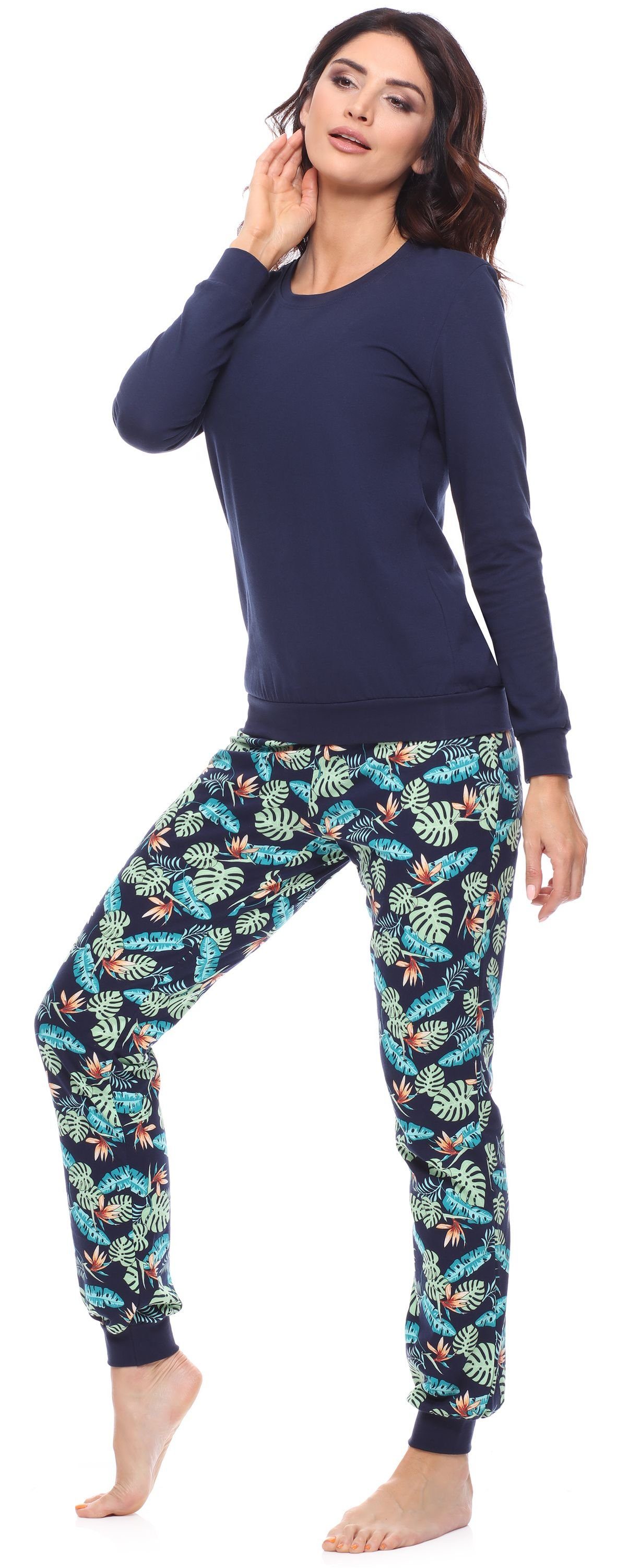 Merry Style Schlafanzug Marineblau/Blätter MS10-268 lang bunt mit Schlafanzug Pyjama Muster Damen Zweiteiler