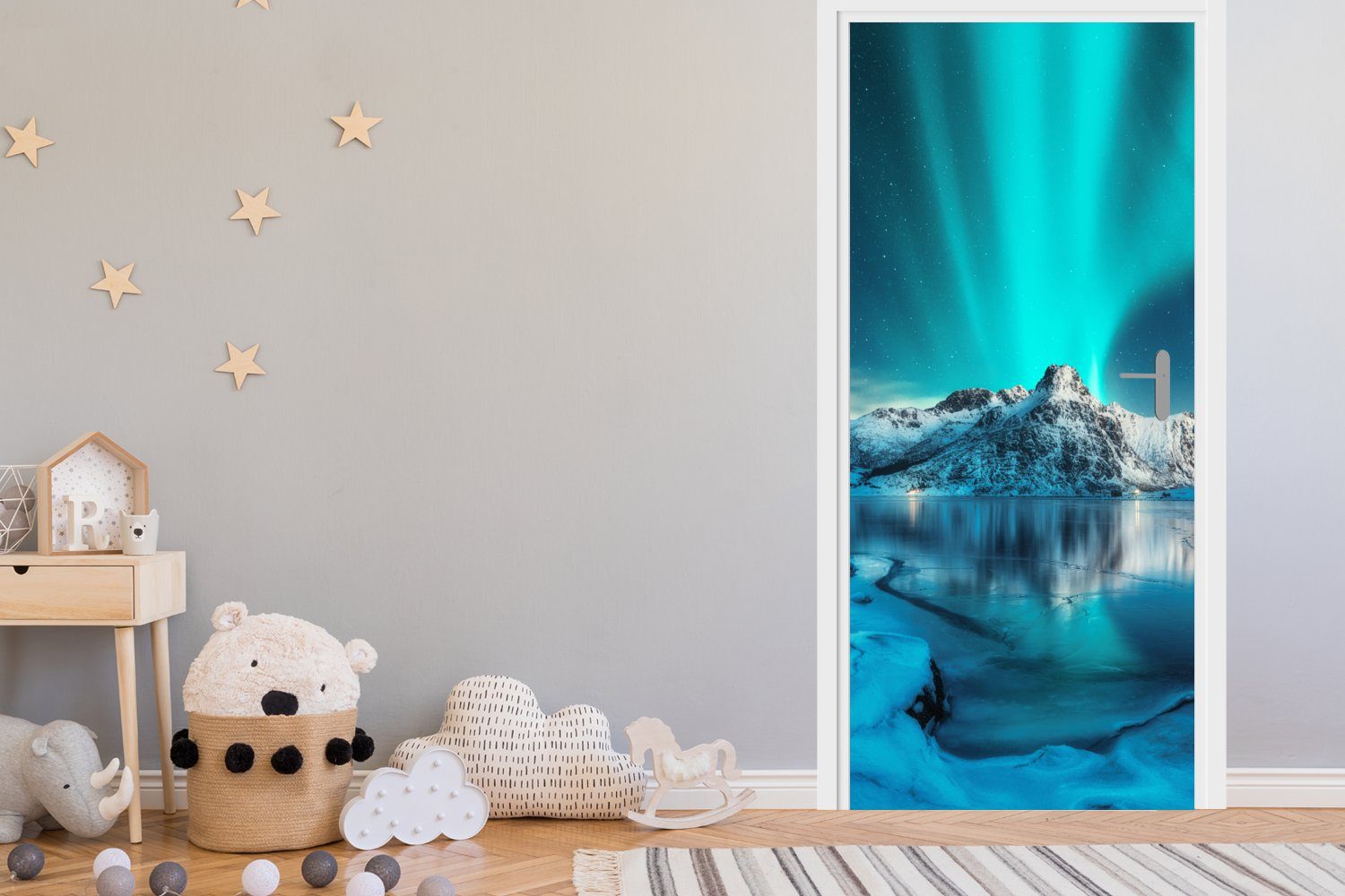MuchoWow Türtapete Nordlicht - Eis - Schnee - Norwegen - Blau - Berge, Matt, bedruckt, (1 St), Selbstklebende Tapete, Folie für Möbel, 75x205 cm